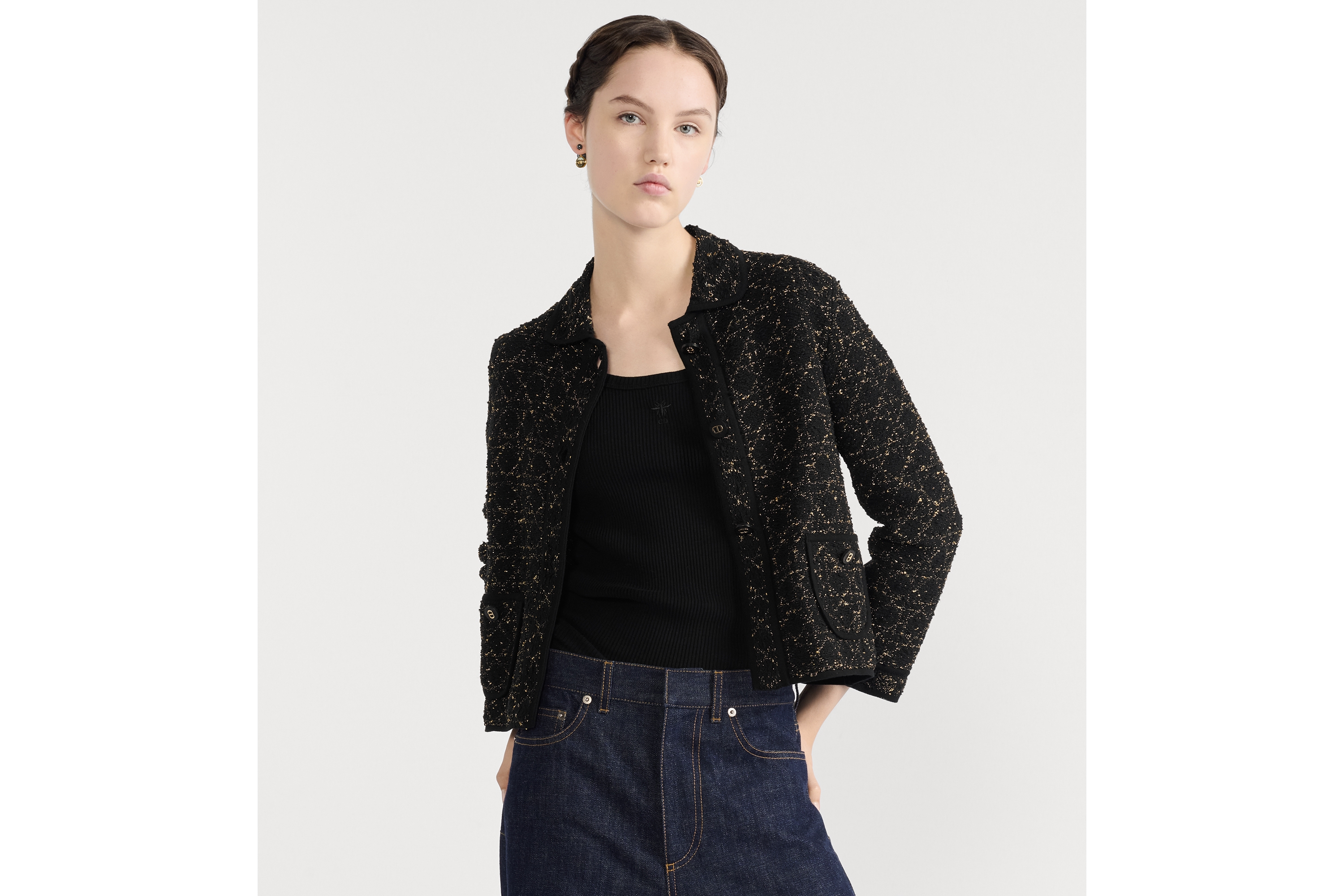 แจ็กเก็ตลาย Macrocannage งานถักผ้าทวีดผสมผ้าฝ้ายสีดำและโทนสีทอง E04