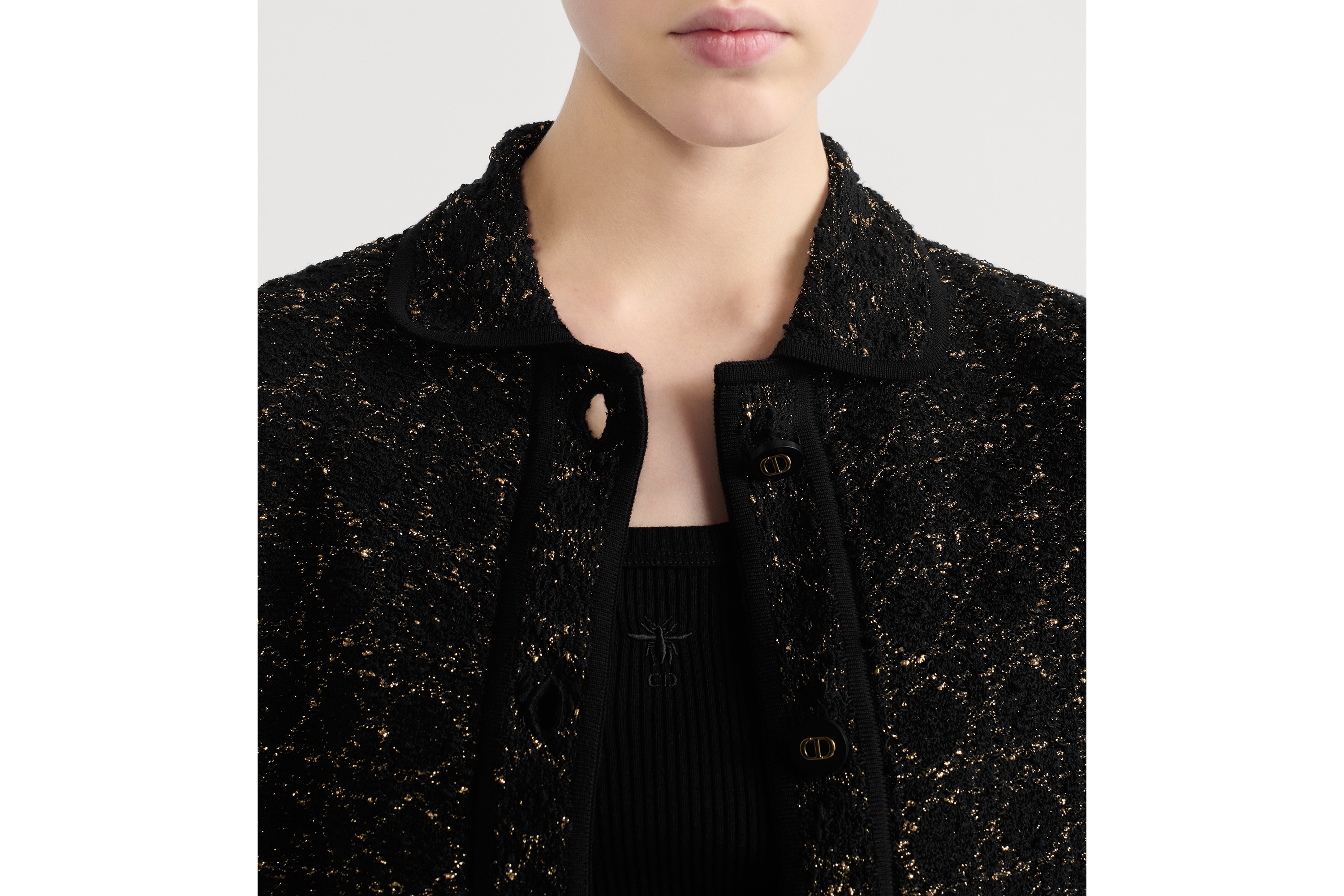 แจ็กเก็ตลาย Macrocannage งานถักผ้าทวีดผสมผ้าฝ้ายสีดำและโทนสีทอง E12