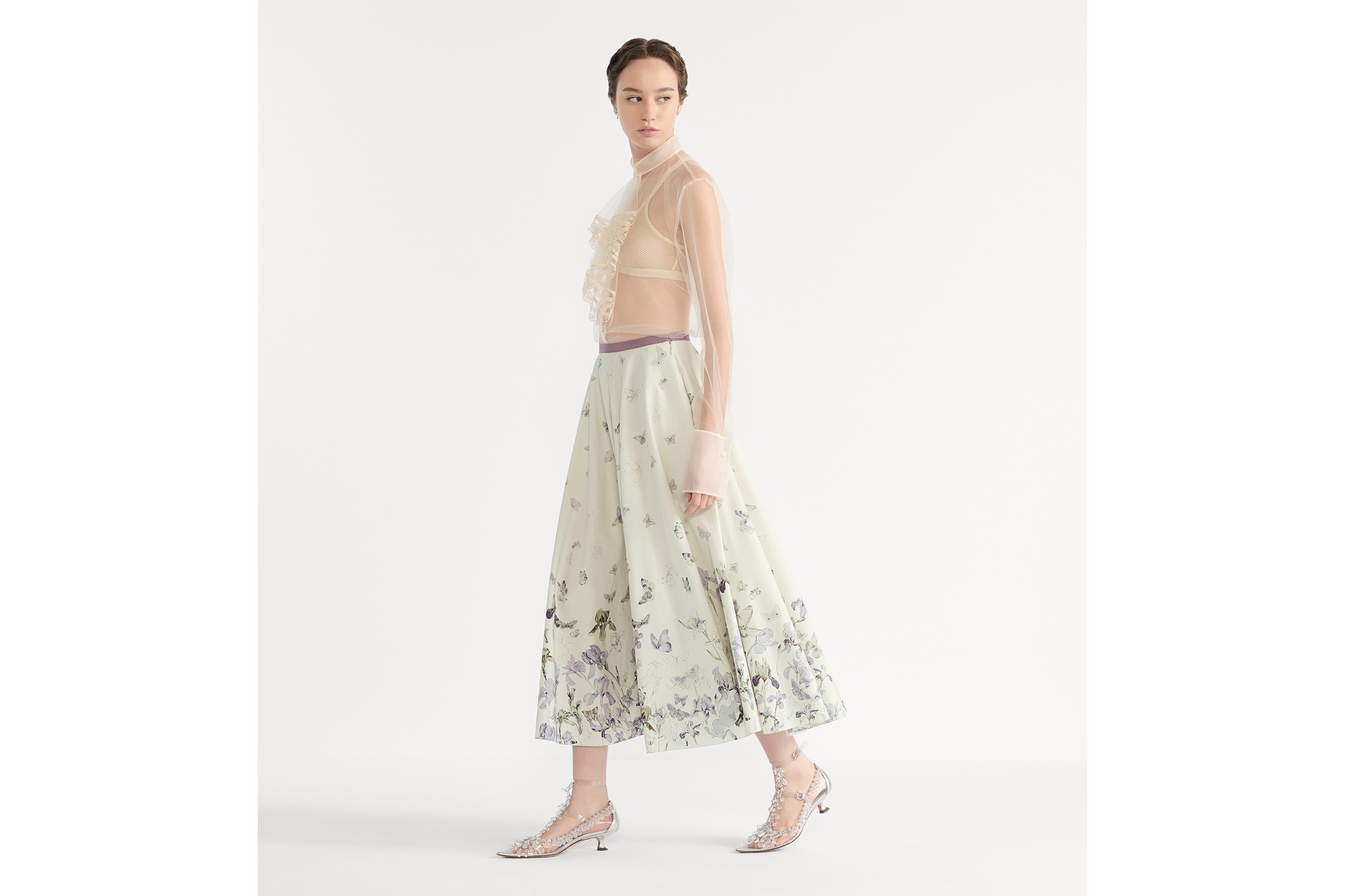 Look Mid-Length Flared Skirt Beige Cotton and Silk Poplin with Multicolor Butterflies & Iris Motif E02