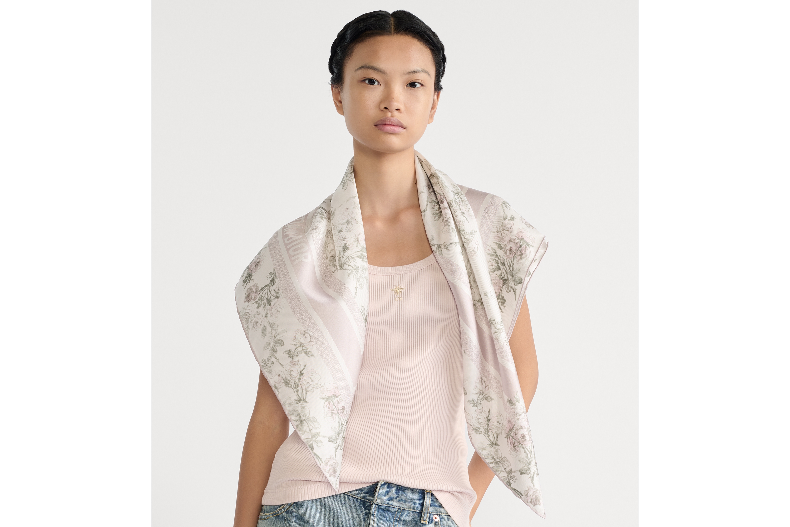 Look Rosier de Dior 90 Square Scarf White and Purple Silk Twill E04