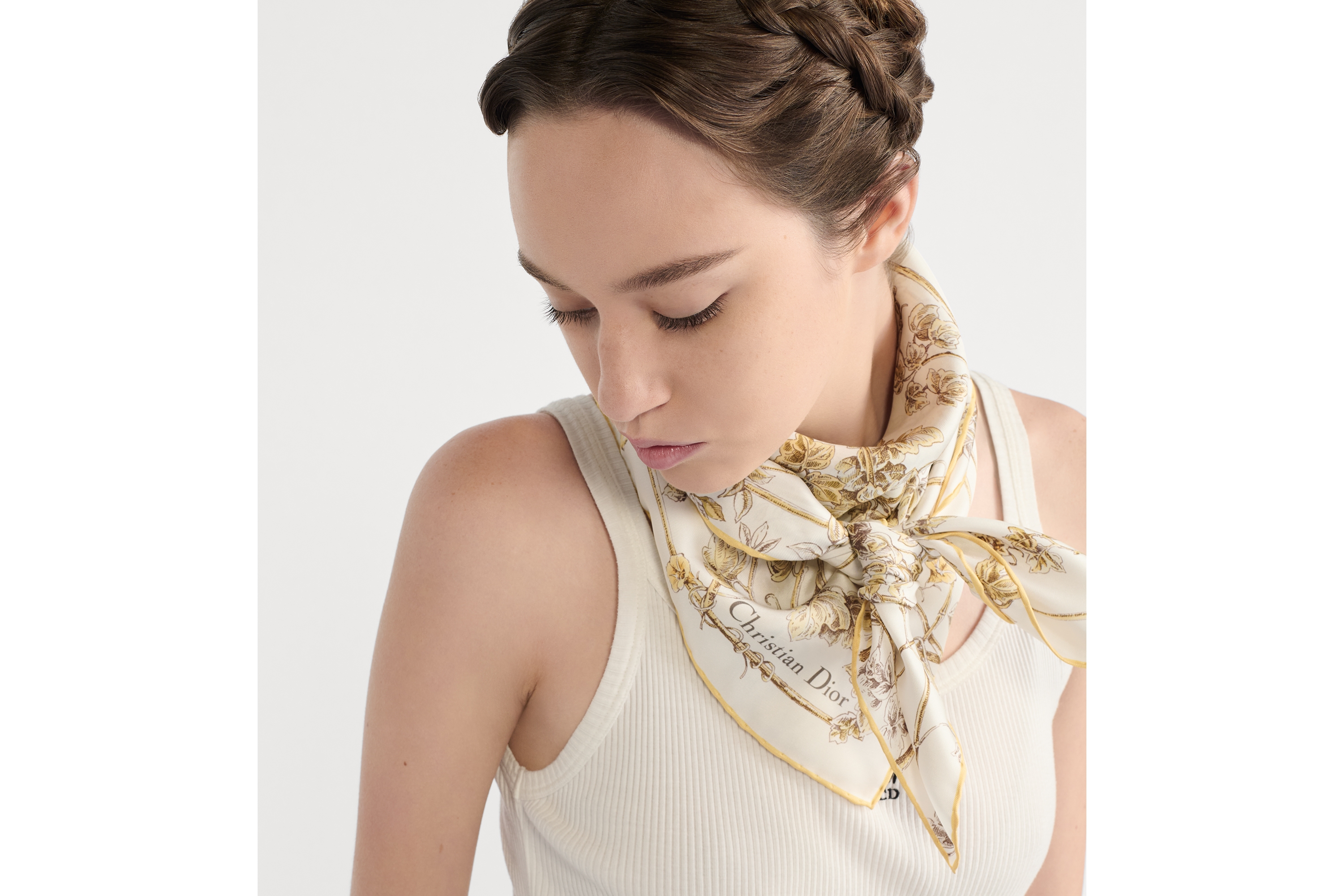 Jardin D-Étoile 90 Square Scarf White and Gold-Tone Silk Twill E07