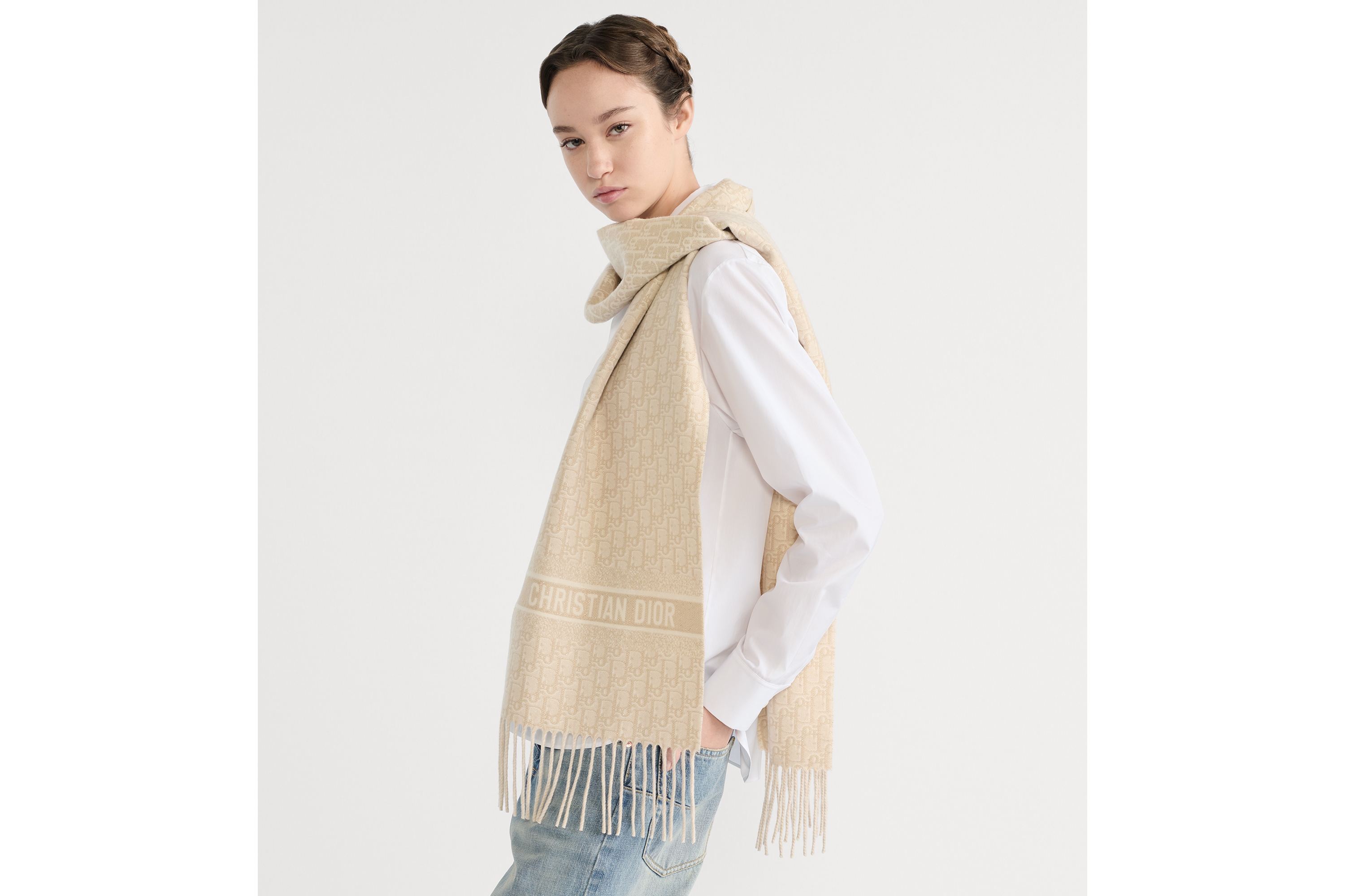 Echarpe Dior Oblique Natte Mescla de cashmere dourada e fio metálico E05