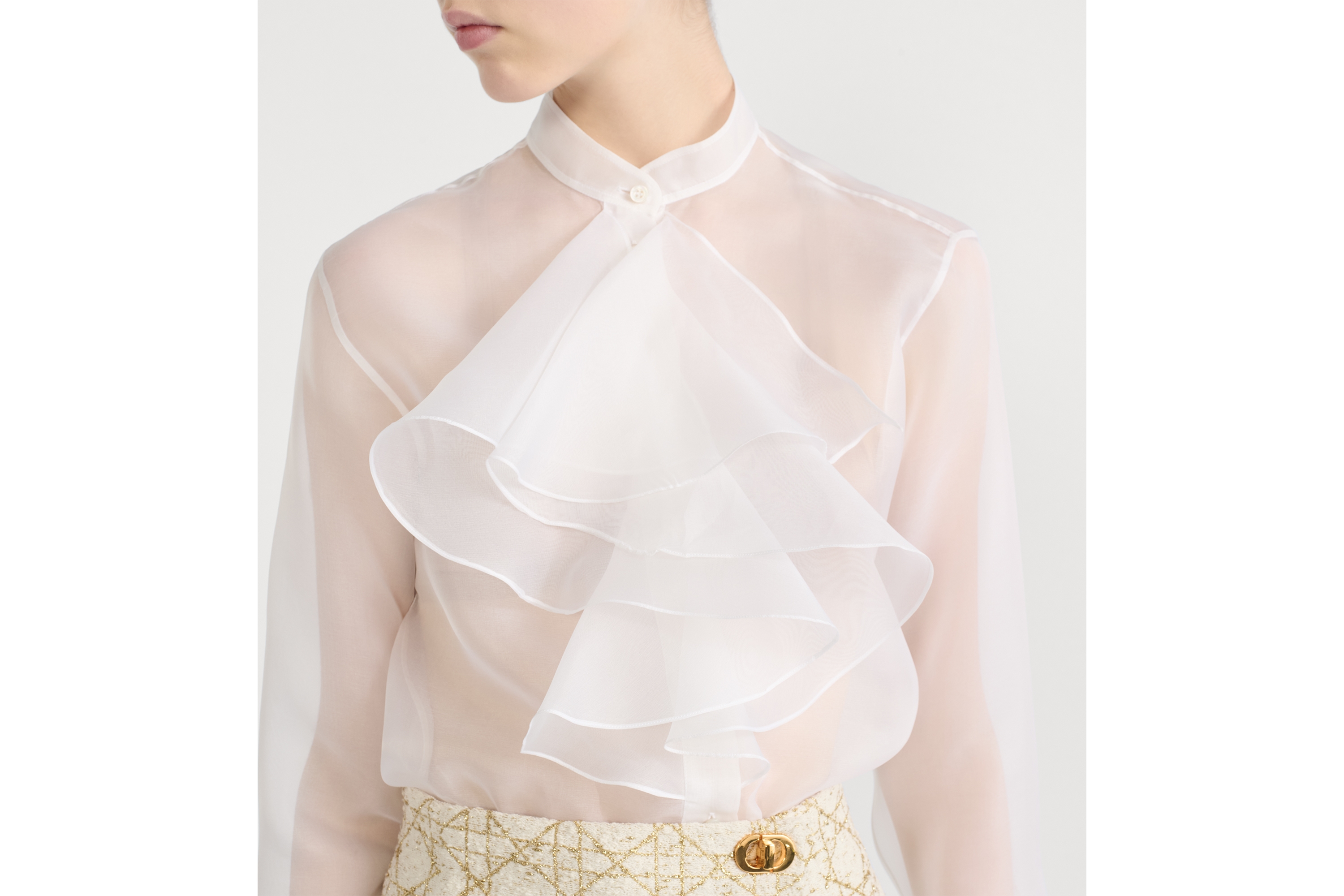 Look Blouse with Ruffled Neckline Ecru Silk Organza E12