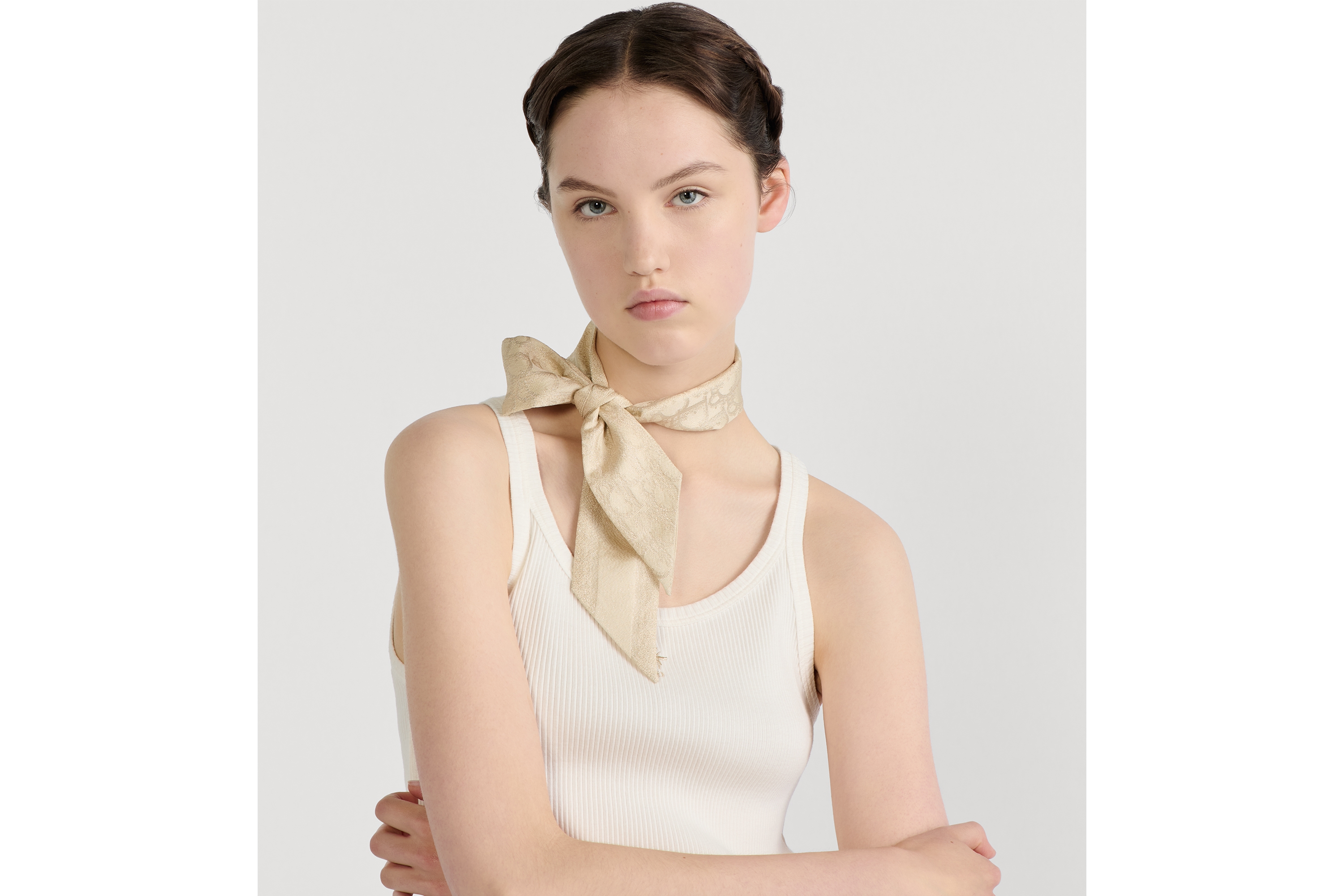 Look Dior Oblique Mitzah Scarf Gold-Tone Silk Twill and Metallic Thread E07