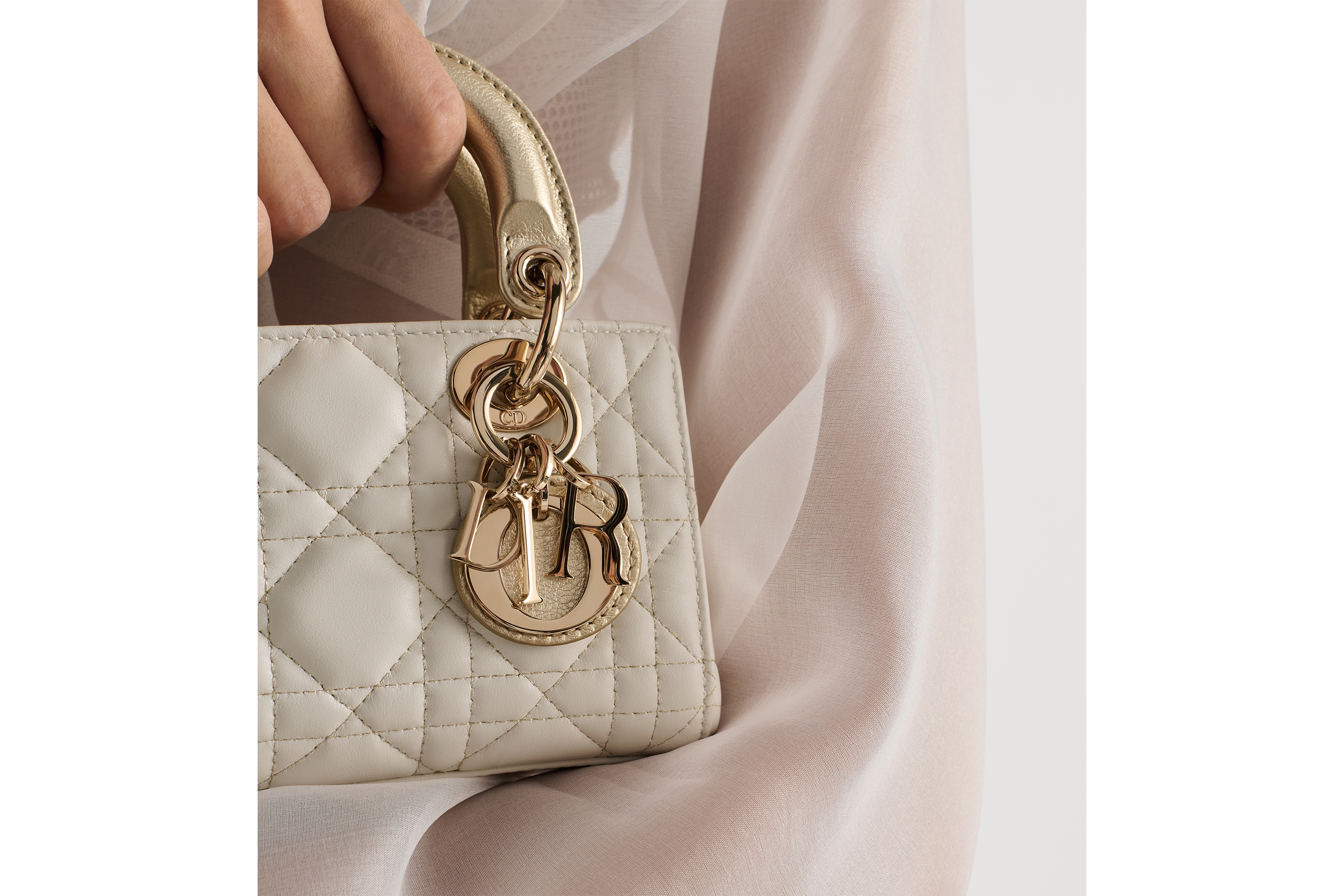 Look Lady D-Joy Micro Bag Two-Tone Gold and White Cannage Lambskin with Metallic Thread E17
