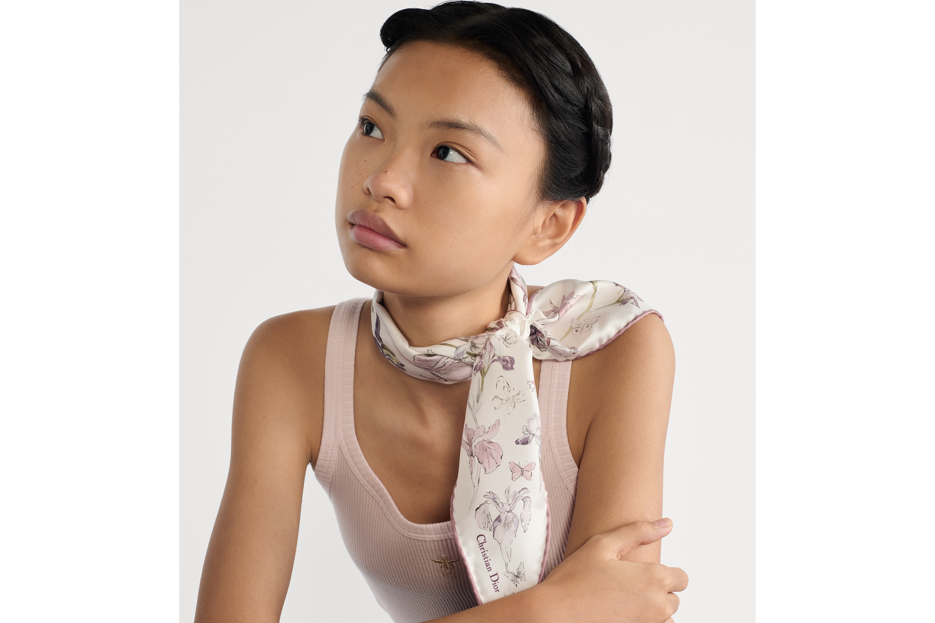 Iris Dior Diamond 스카프 화이트 & 파우더 핑크 멀티 컬러 실크 트윌 E07