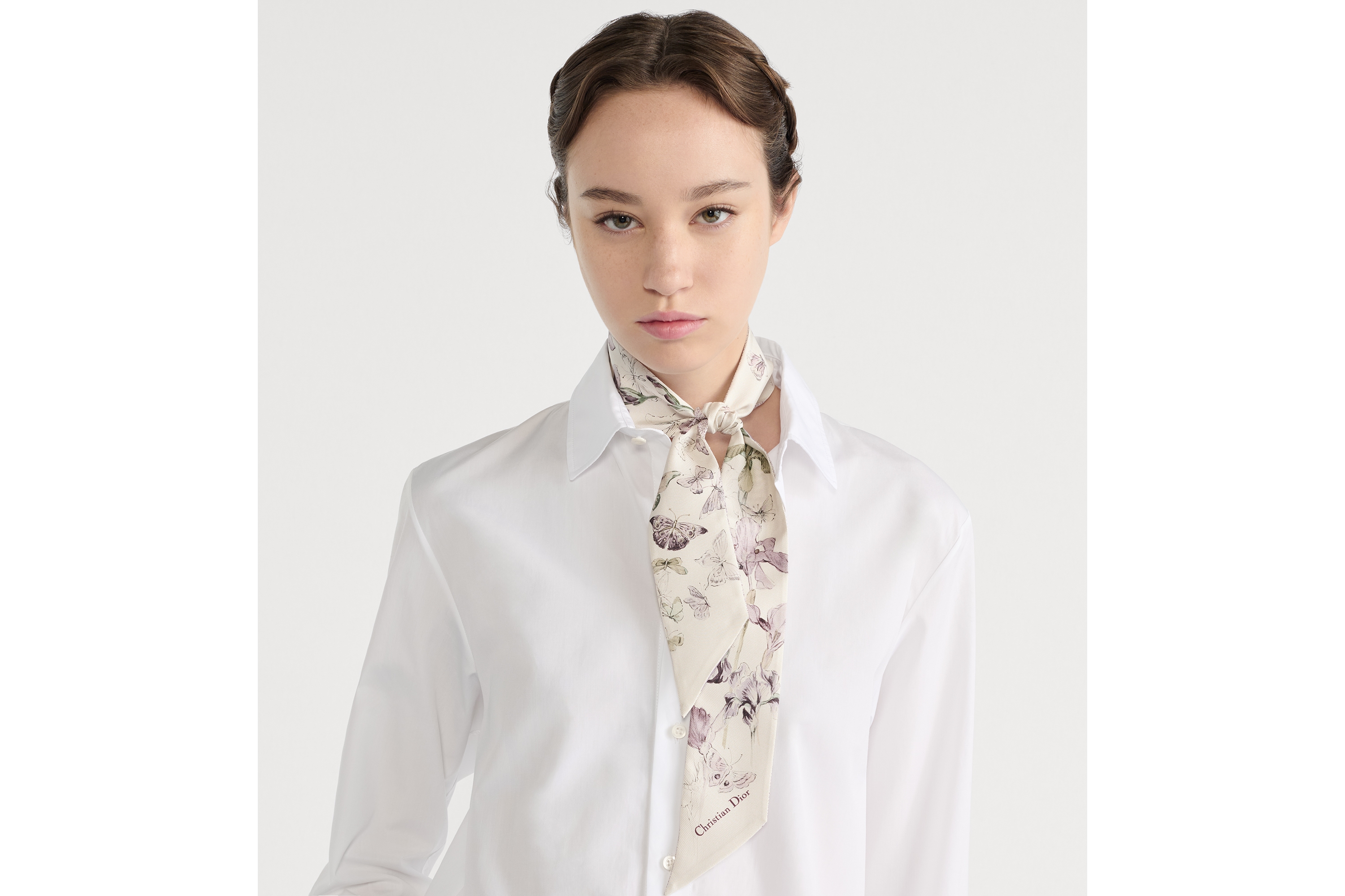 Look Butterflies & Iris Mitzah Scarf White and Purple Multicolor Silk Twill E07