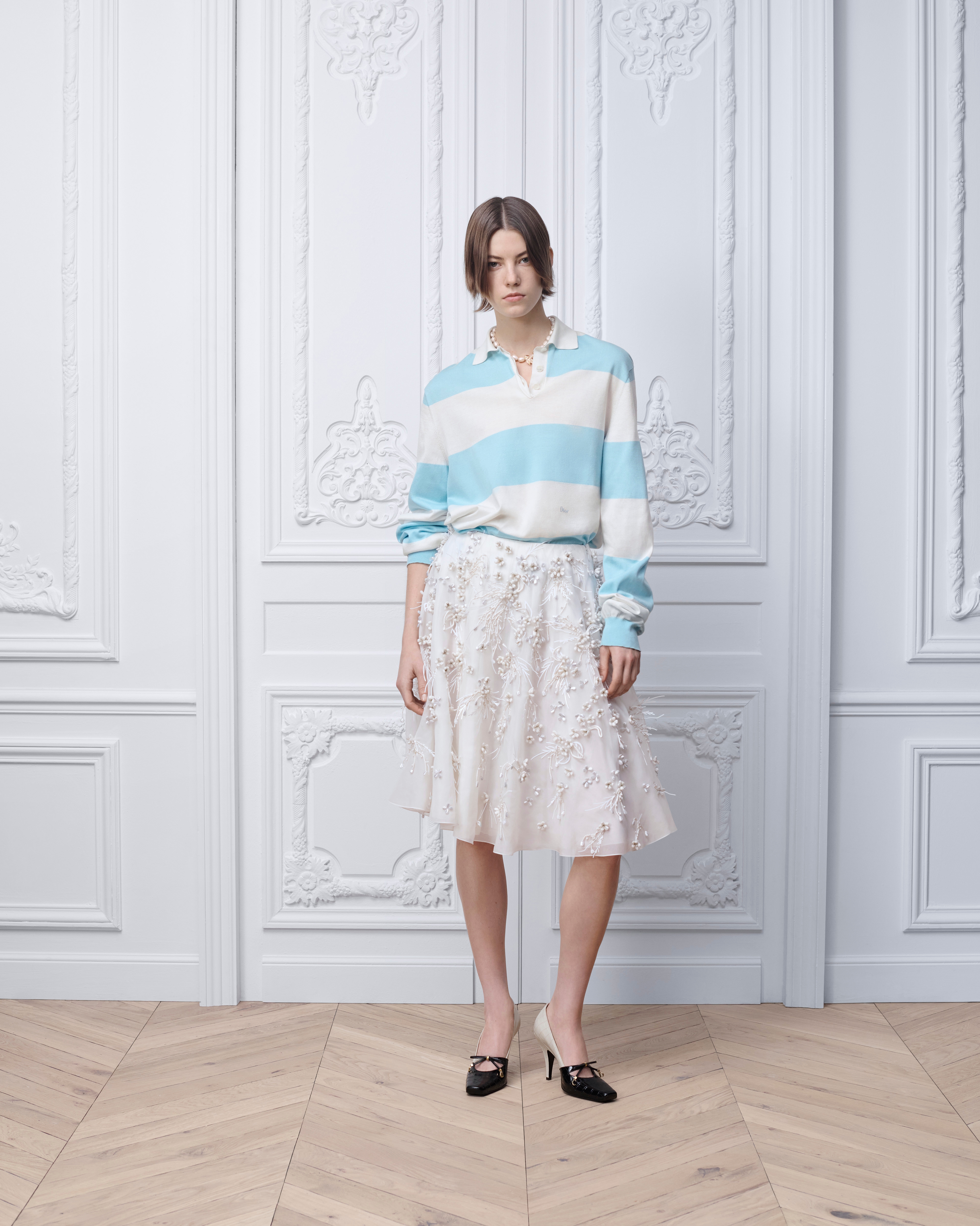 Look Dior Marinière Long-Sleeved Polo Shirt Blue and Ecru Cotton Knit E01