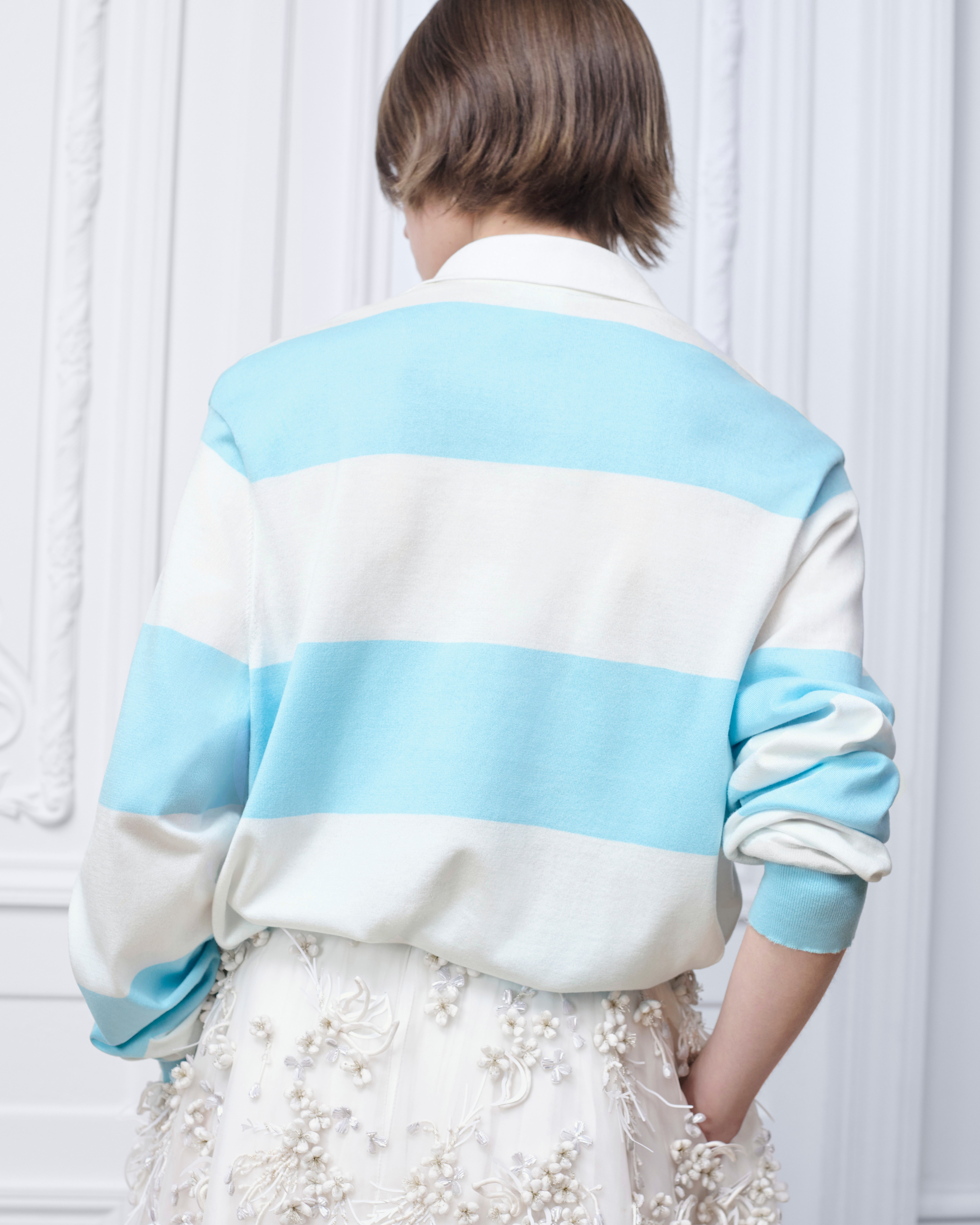 Look Dior Marinière Long-Sleeved Polo Shirt Blue and White Cotton Knit E06