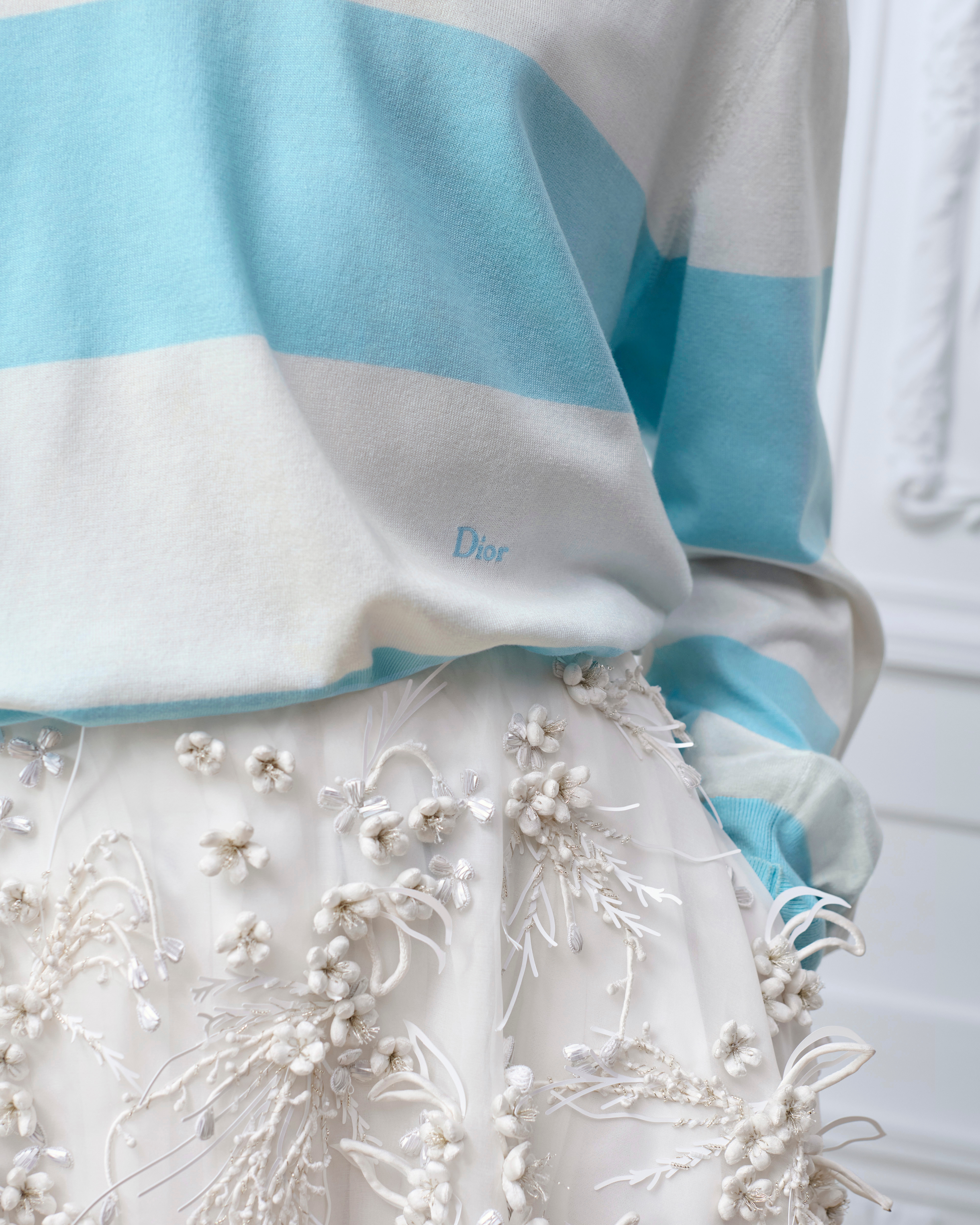 Look Dior Marinière Long-Sleeved Polo Shirt Blue and White Cotton Knit E13