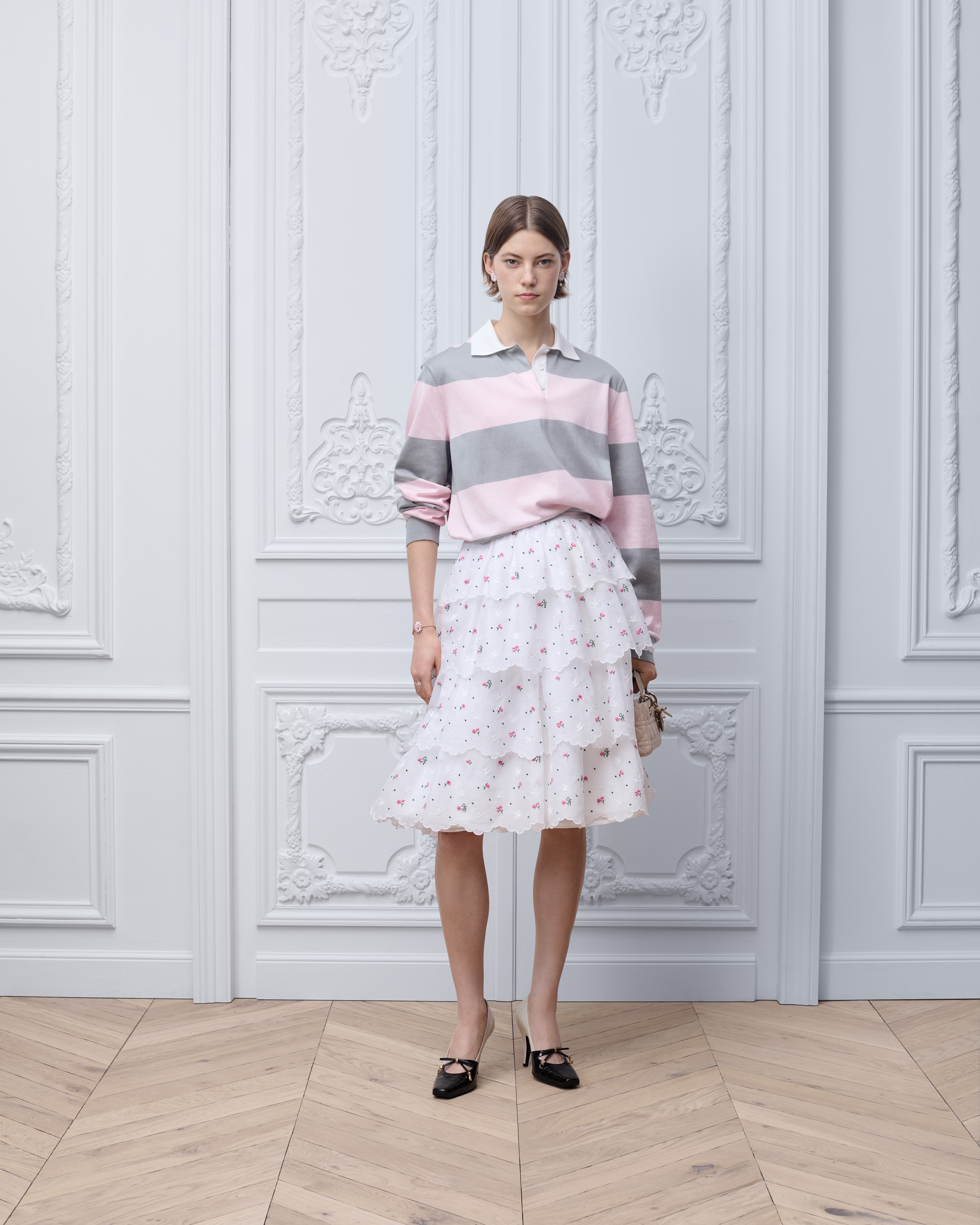 Look Dior Marinière Long-Sleeved Polo Shirt Gray and Pink Cotton Knit E01