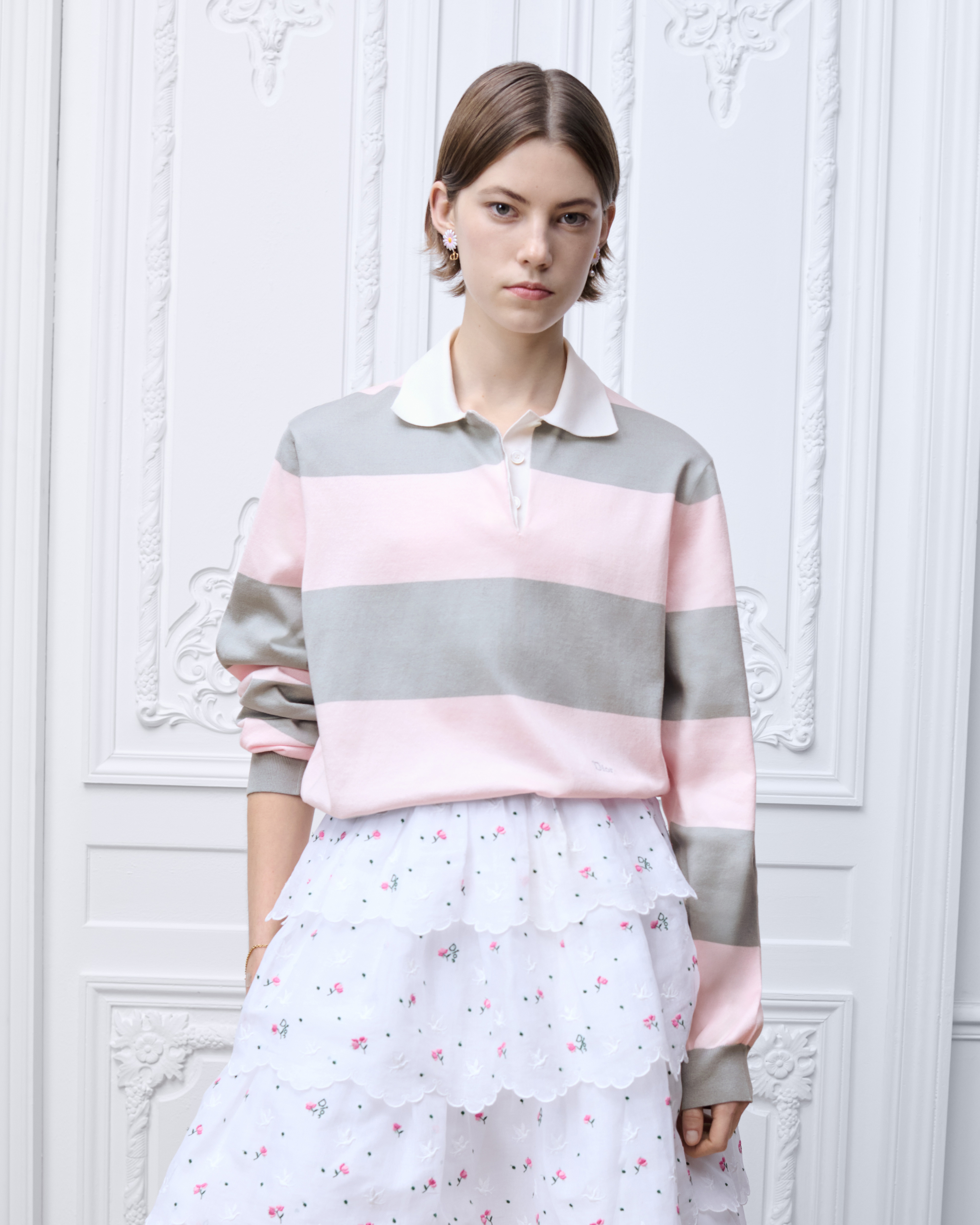 Dior Marinière Long-Sleeved Polo Shirt Gray and Pink Cotton Knit E04