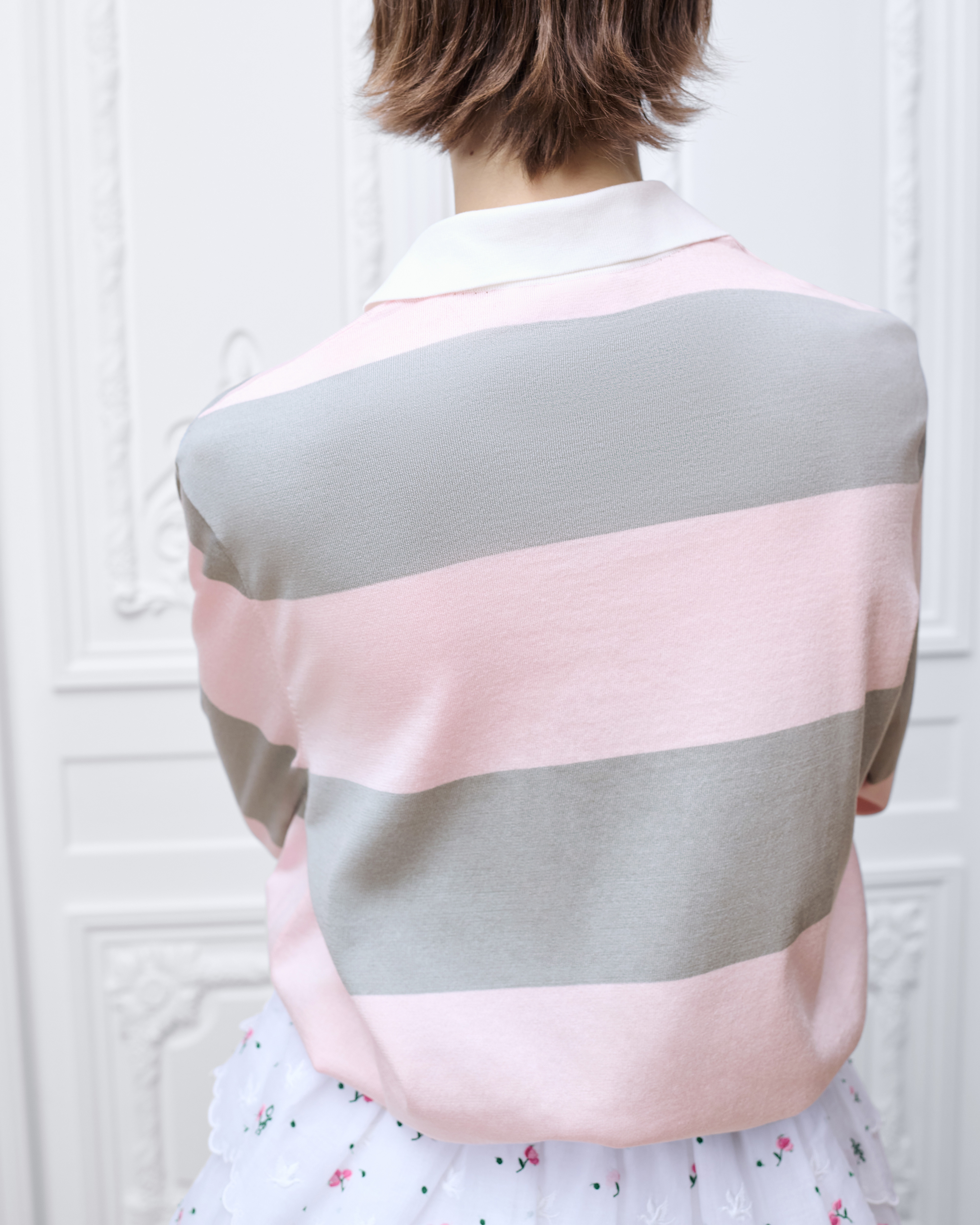 Dior Marinière Long-Sleeved Polo Shirt Gray and Pink Cotton Knit E06