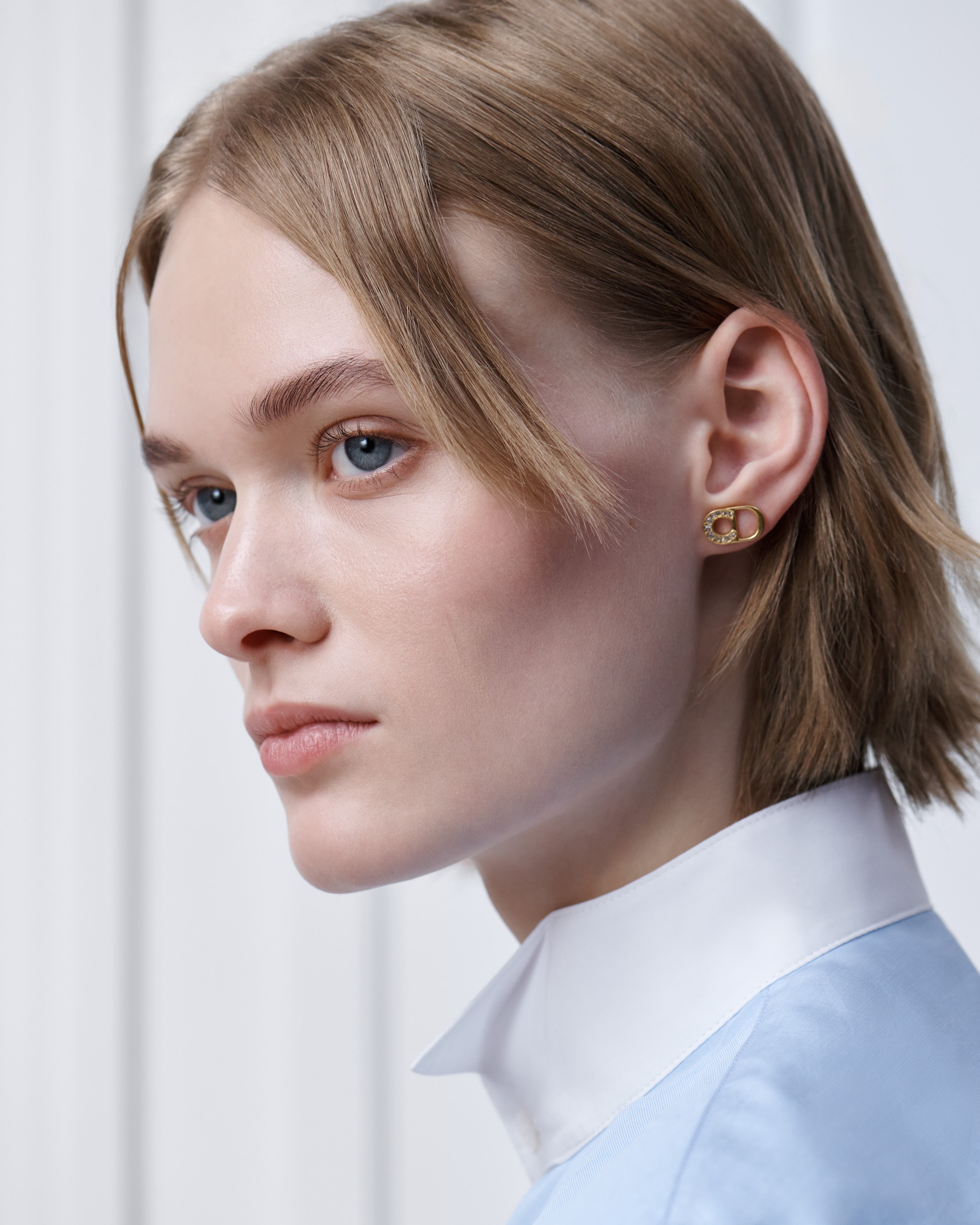 Lucky Dior Stud Earrings Gold-Finish Metal and White Crystals E07