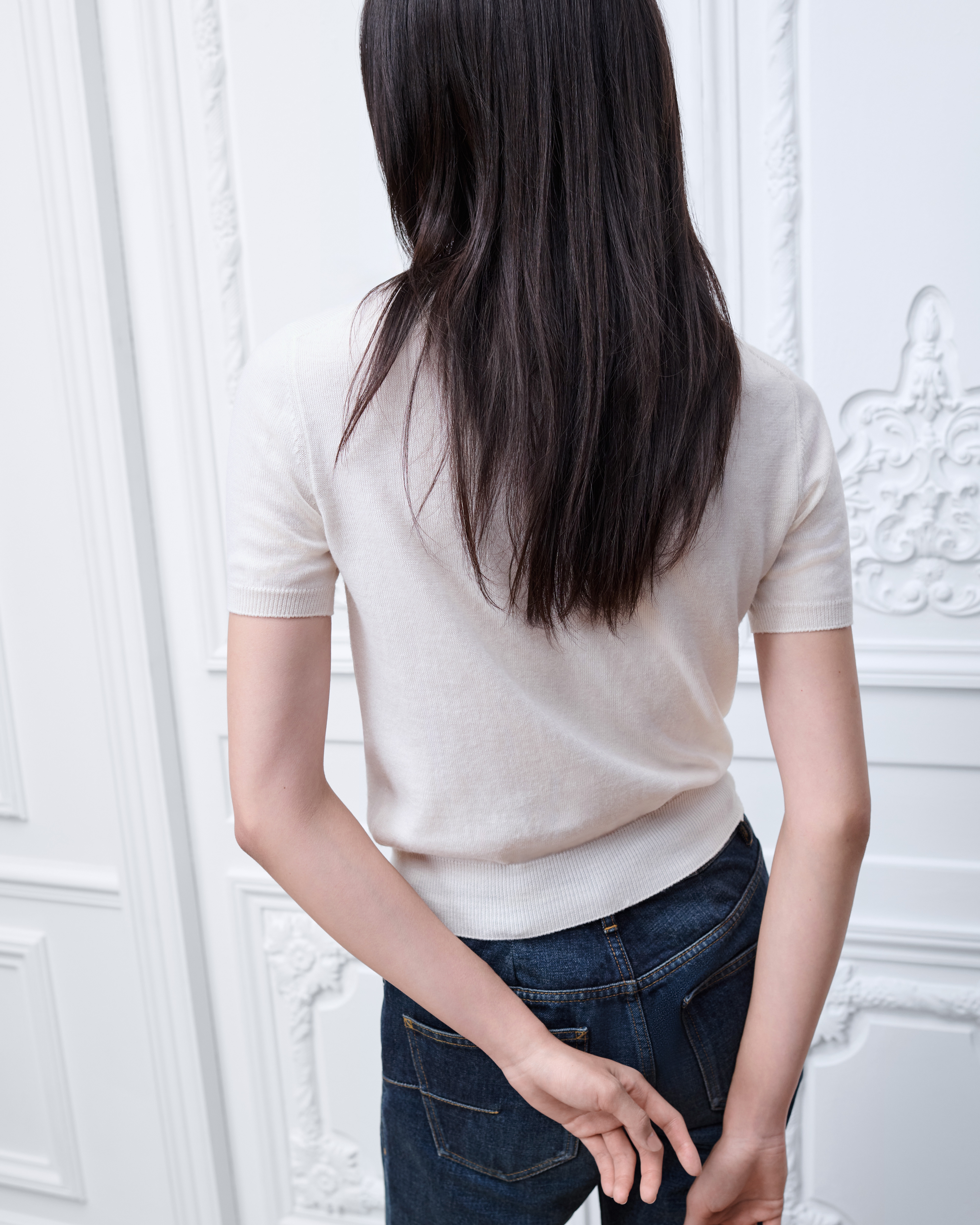 Short-Sleeved Fitted Sweater White Wool Knit with Green and Black Dior Clover Signature E06