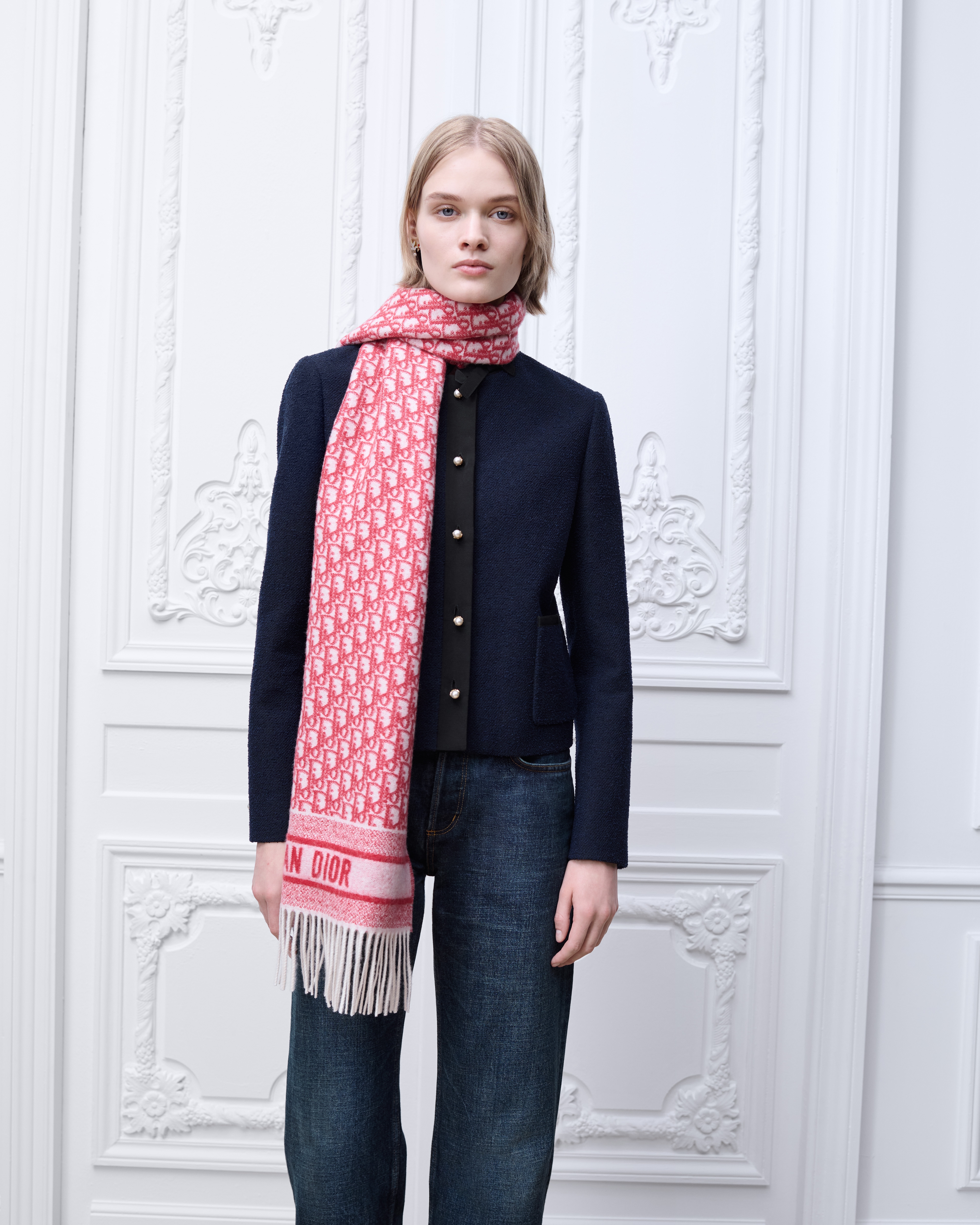 Look Dior Oblique Scarf Red Cashmere Blend and Red Metallic Thread E04