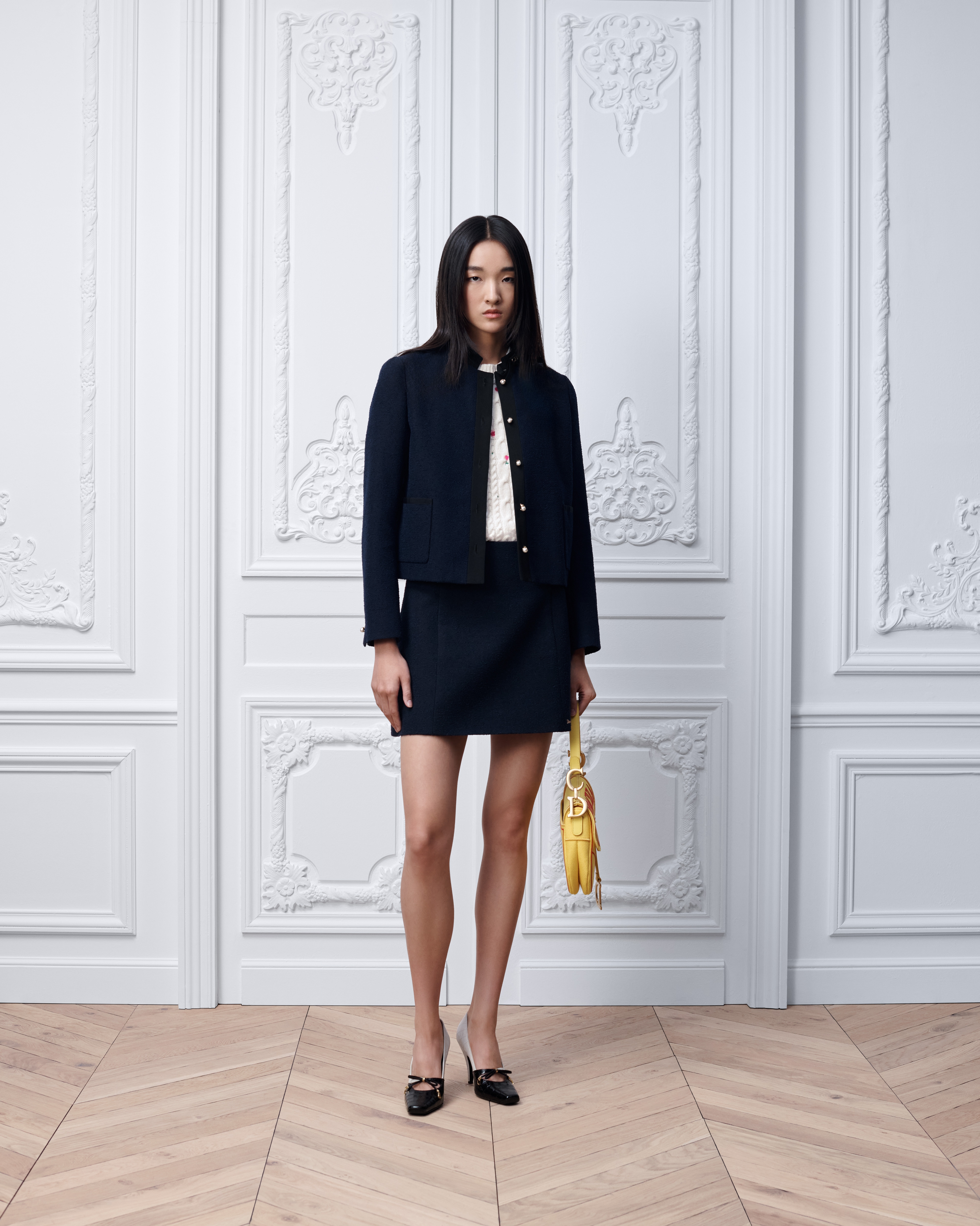 Flared Miniskirt Navy Blue Virgin Wool-Cotton-Blend Bouclé E01