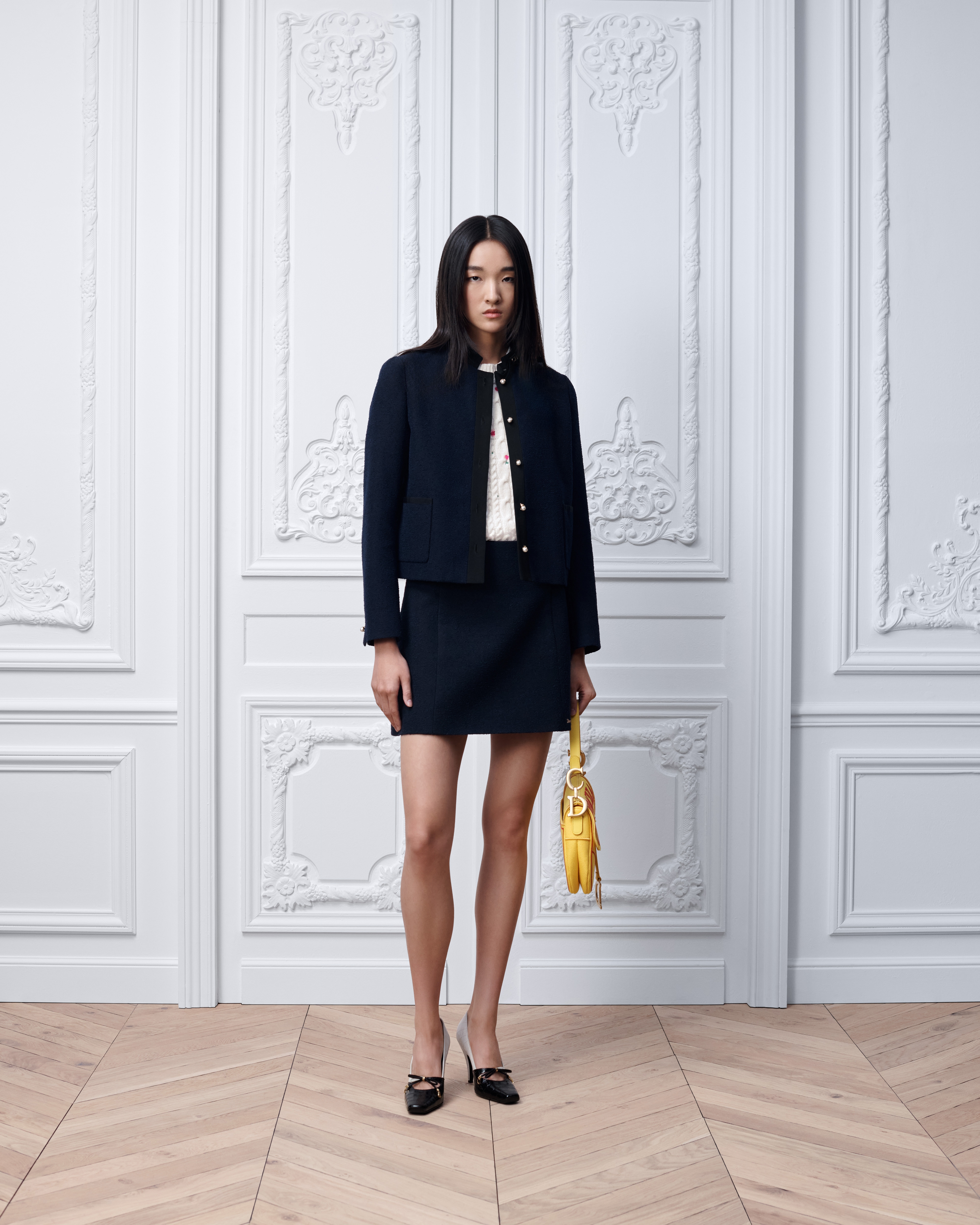 Minigonna svasata Misto lana vergine e cotone bouclé blu navy E01