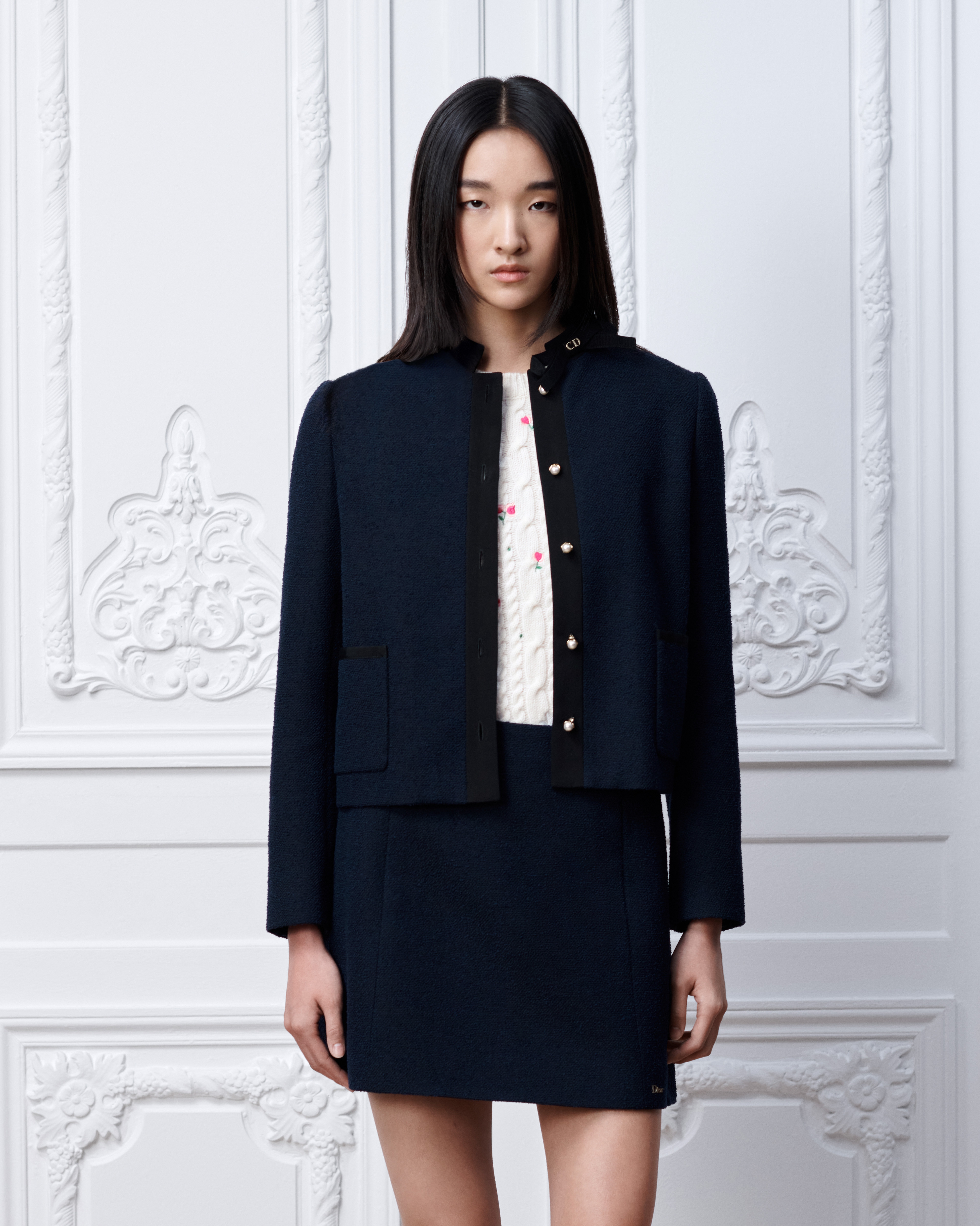 Cropped Jacket Navy Blue Virgin Wool-Cotton-Blend Bouclé E04