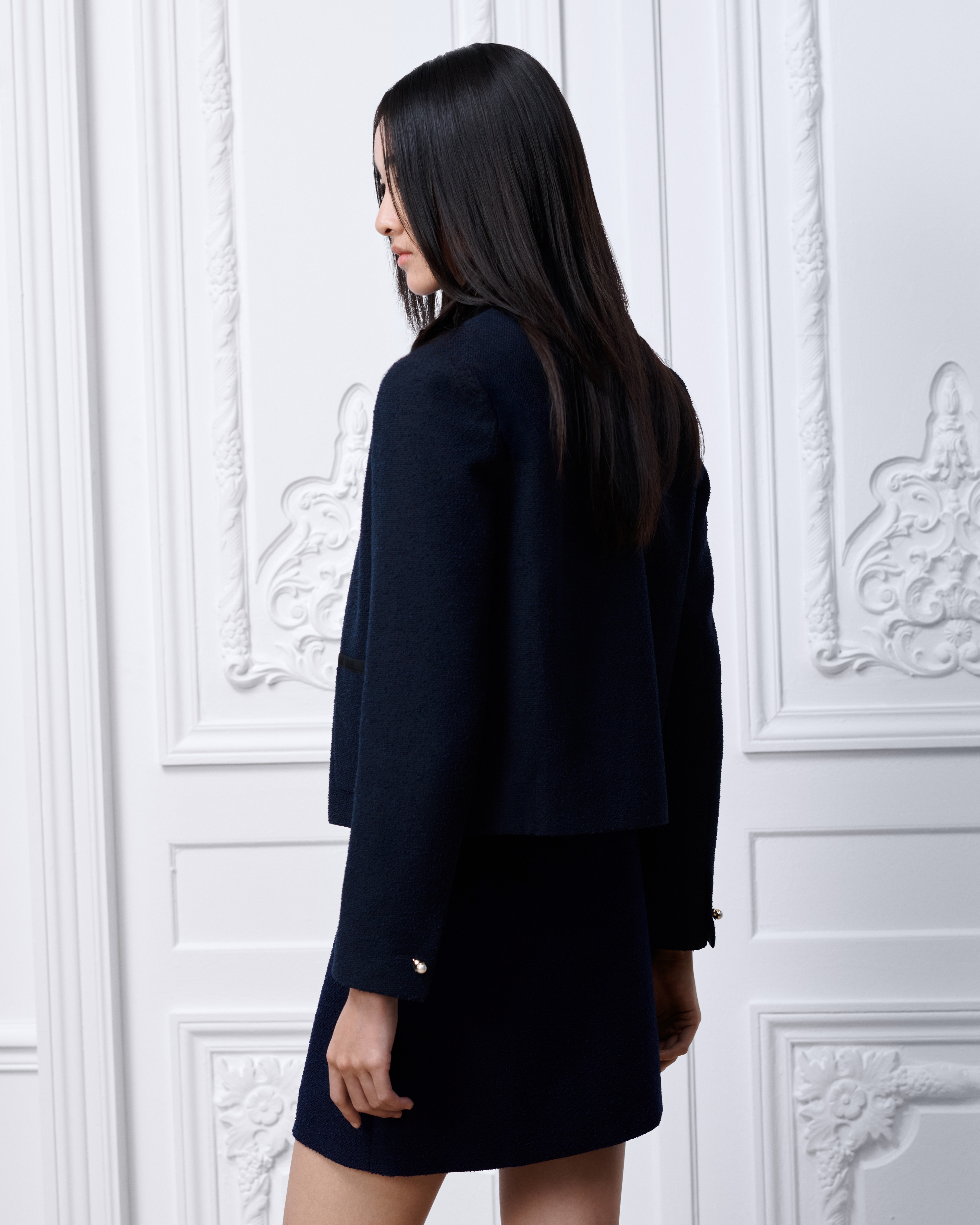 Cropped Jacket Navy Blue Virgin Wool-Cotton-Blend Bouclé E06