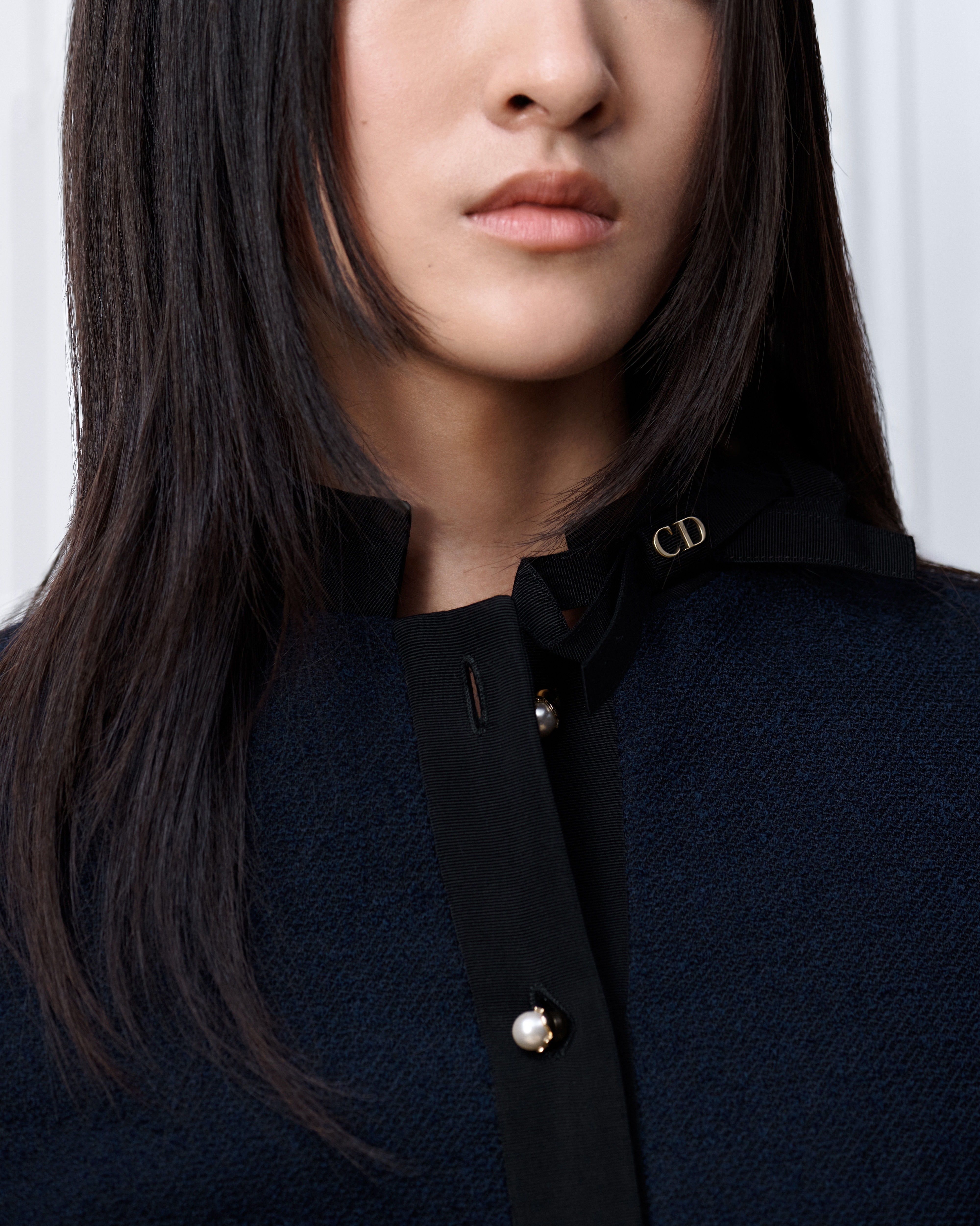 Cropped Jacket Navy Blue Virgin Wool-Cotton-Blend Bouclé E12