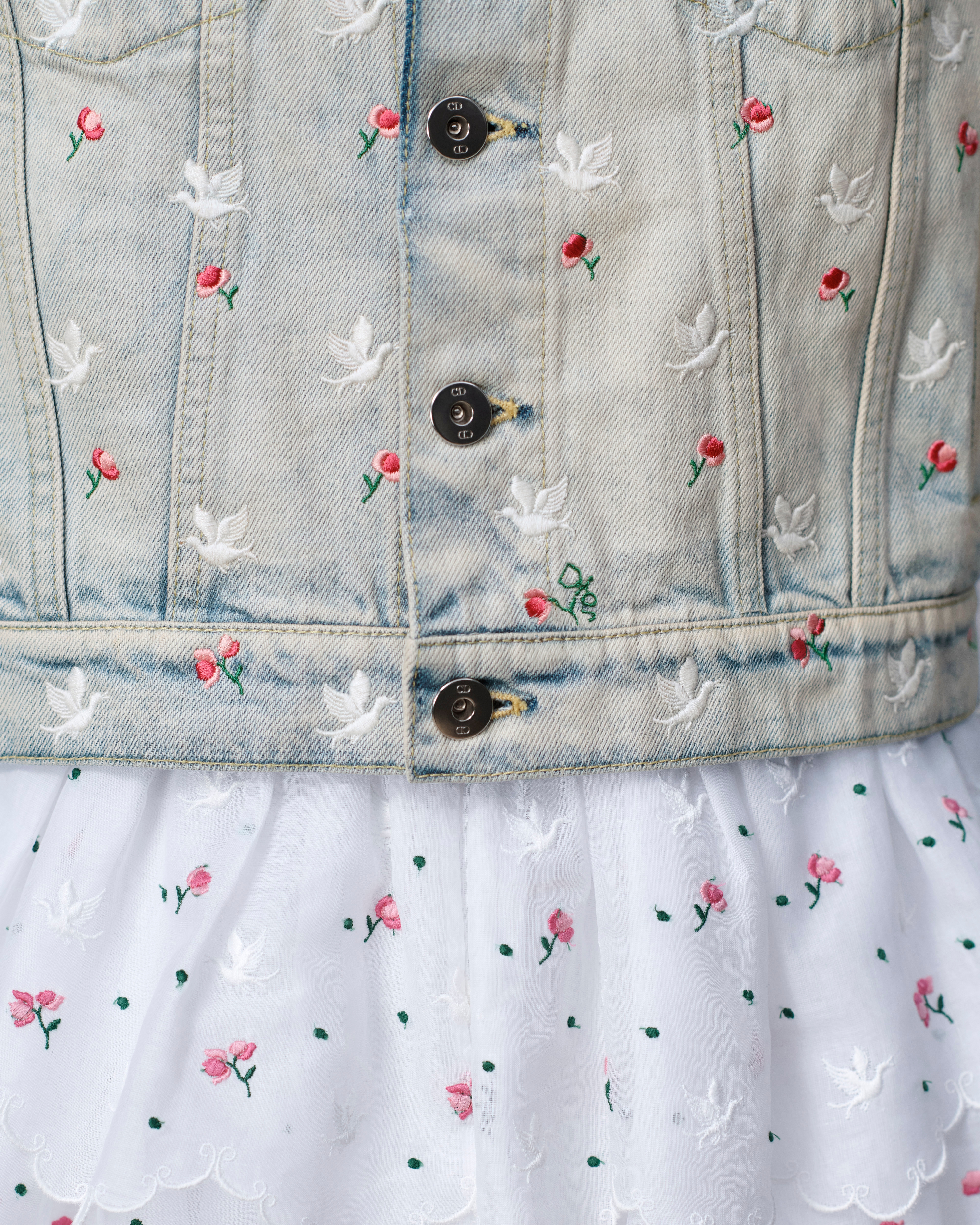 Look Dioramour Embroidered Jacket Light Blue Cotton Denim with Multicolor Doves & Roses Motif E13
