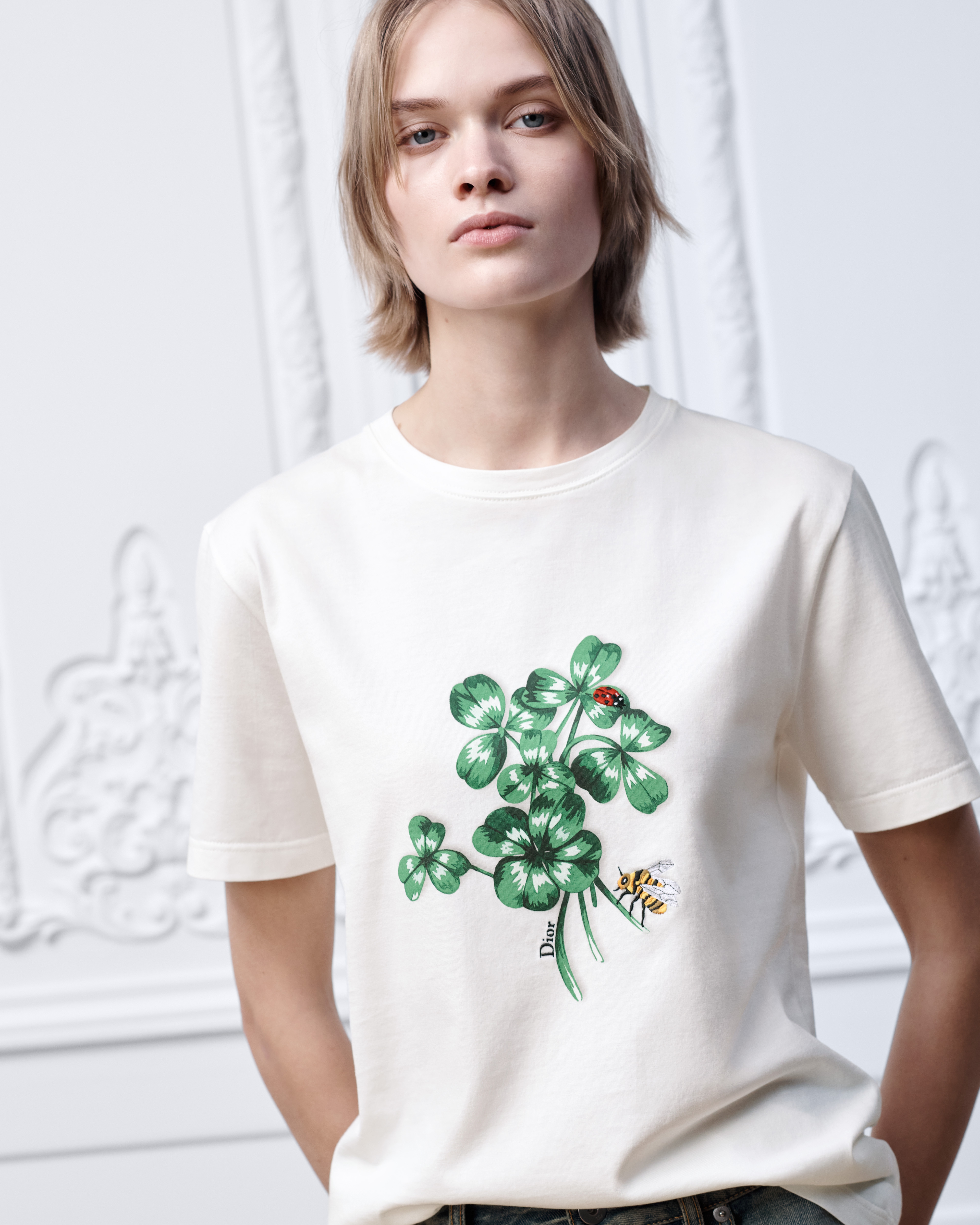 Fitted T-Shirt White Cotton Jersey with Green Dior Clover Motif E04