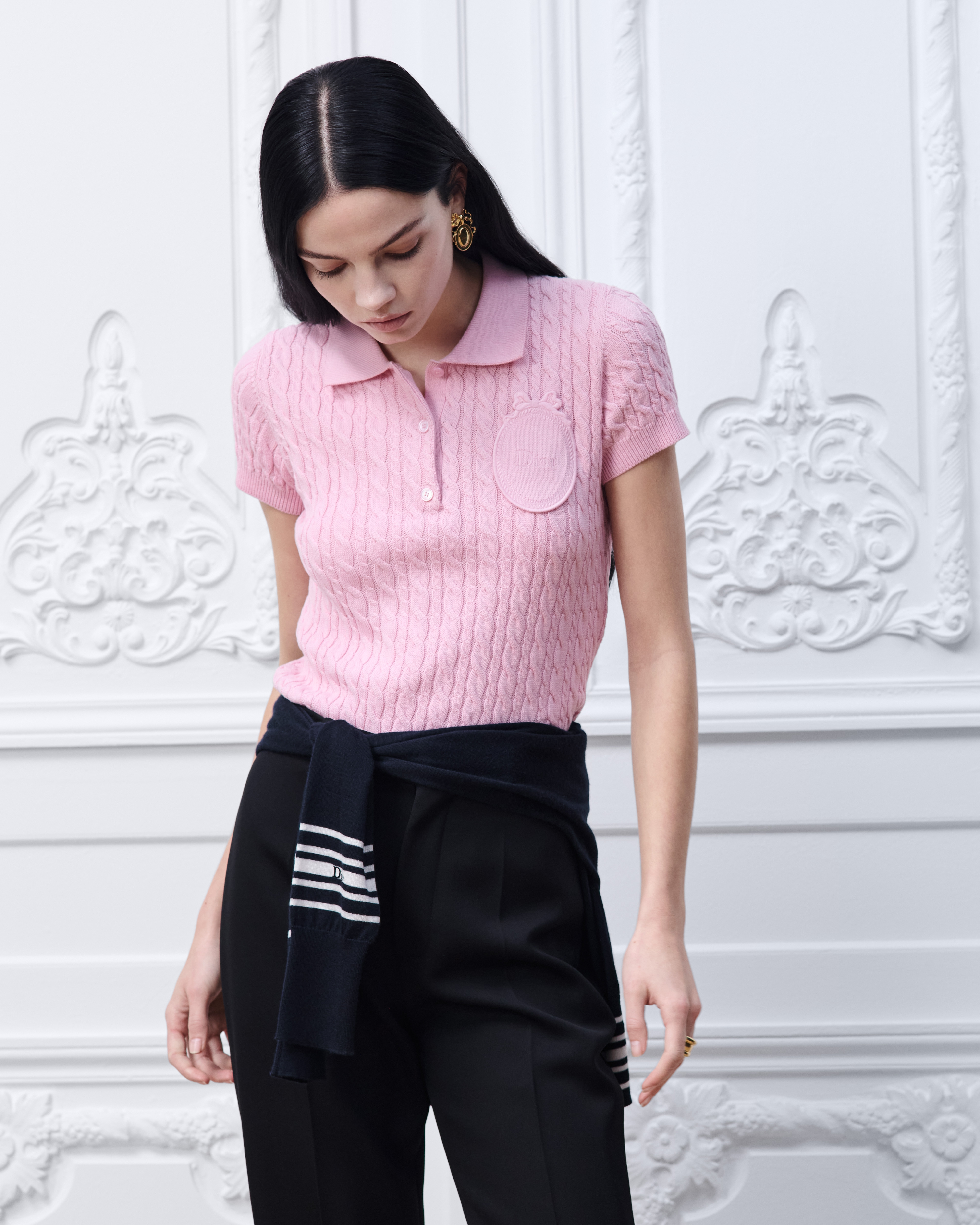 Dior Médaillon Short-Sleeved Sweater Pink Cable-Knit Cotton and Wool E04