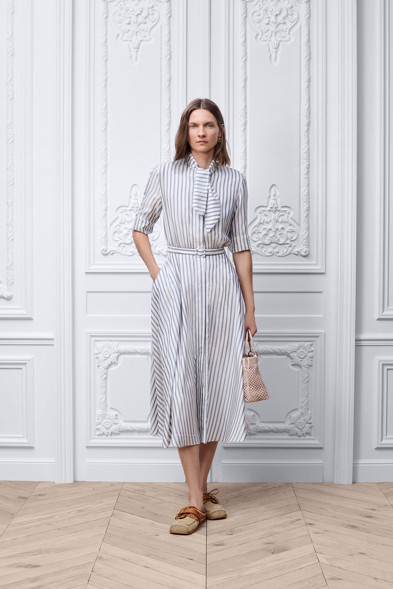 christian dior women's dresses Spring 2026 Couture Fashion Show Mid-Length Belted Dress Gray and