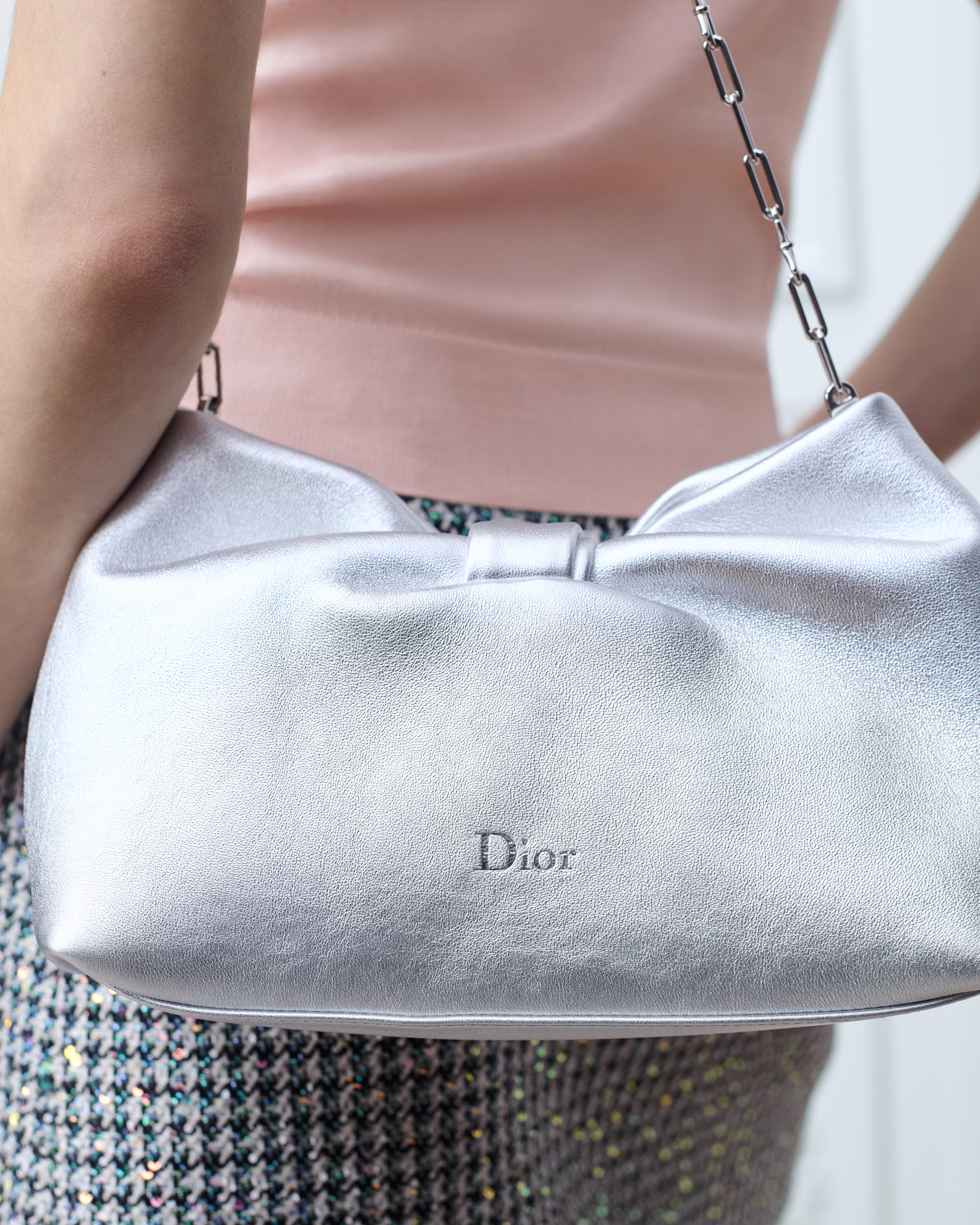 Look Dior Or Small Dior Bow Bag Silver-Tone Laminated Lambskin E10