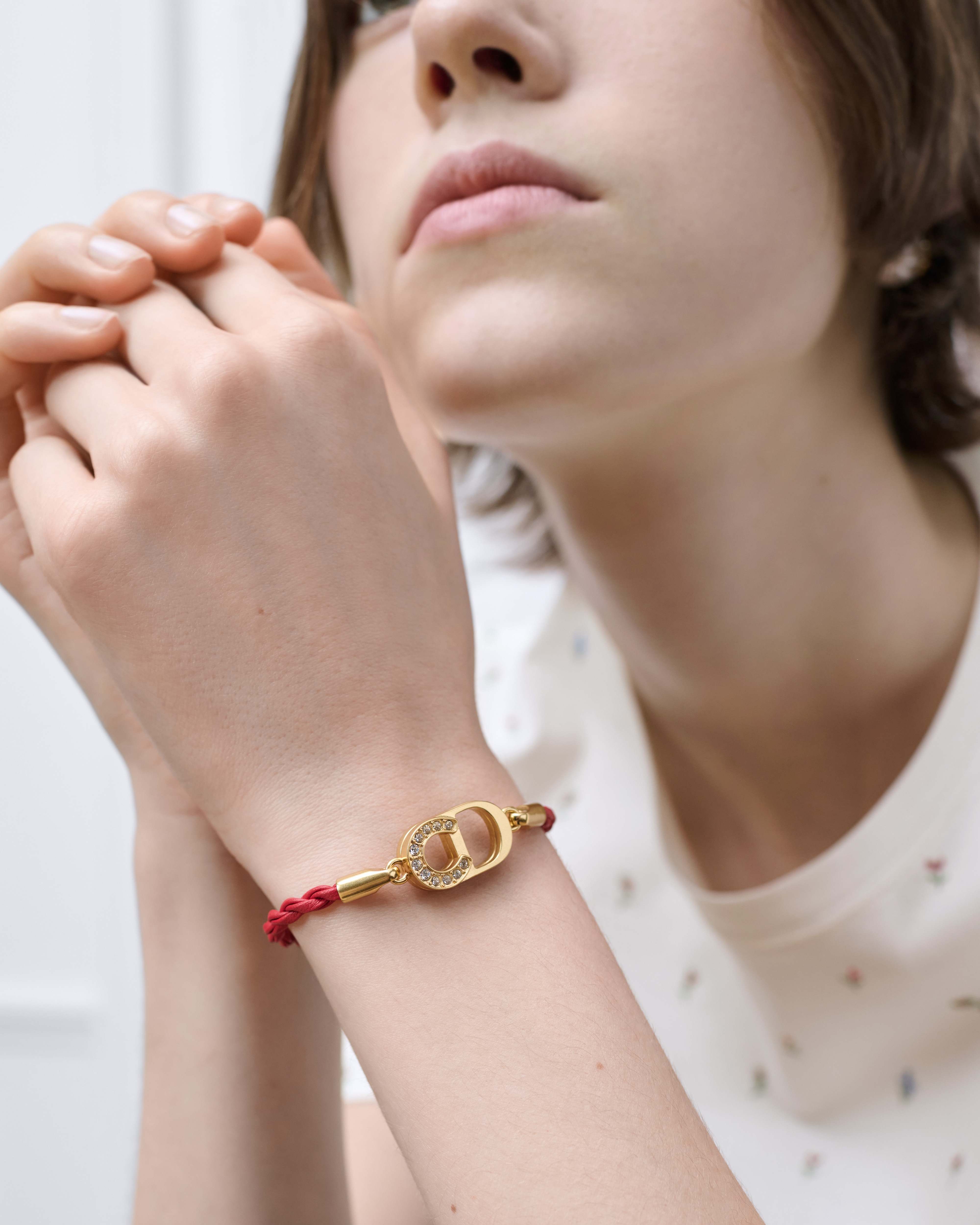 Lucky Dior Bracelet Gold-Finish Metal, White Crystals and Red Calfskin E10