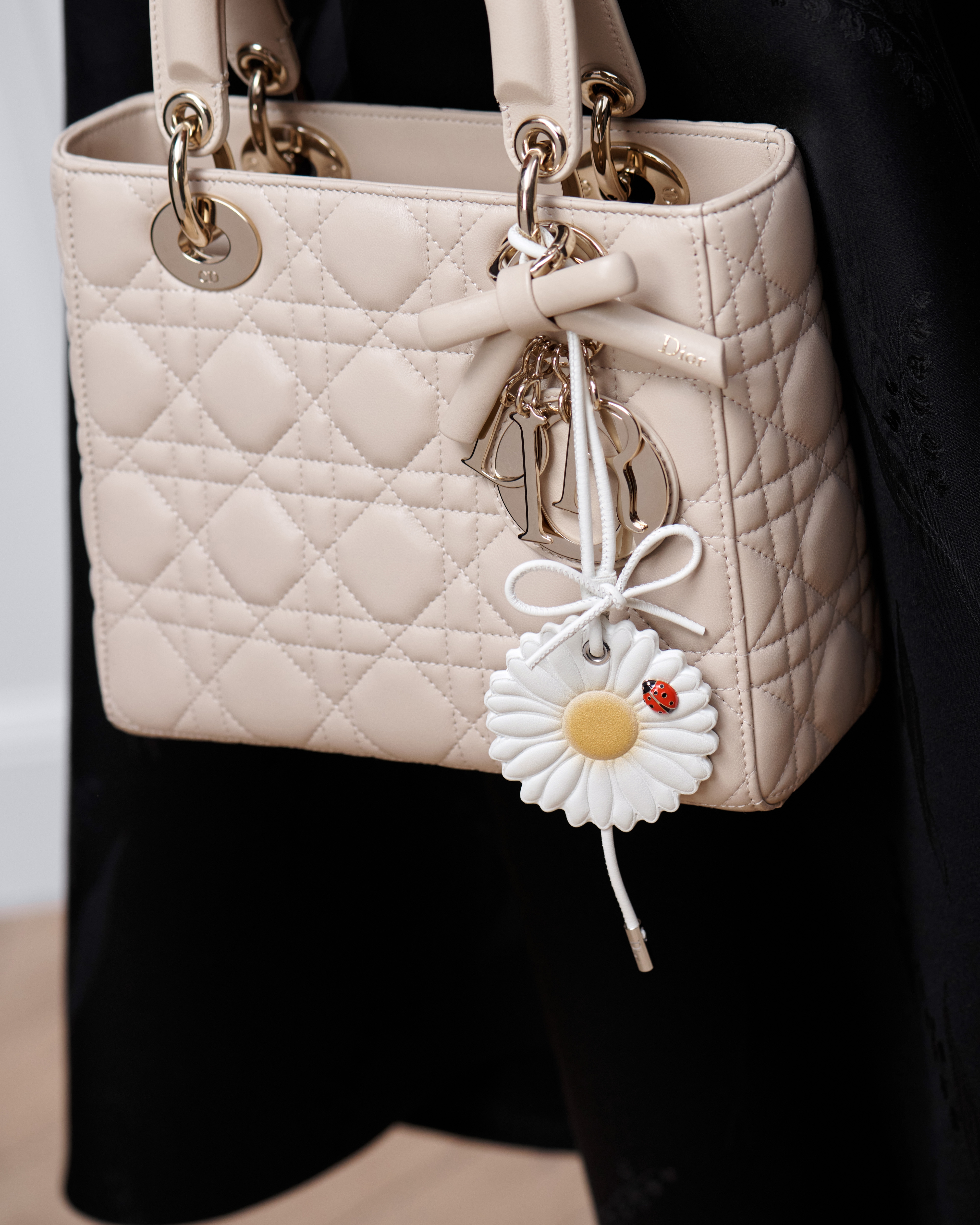 Look Dior Daisy Bag Charm Yellow and White Calfskin, Silver-Finish Metal and Red and Black Lacquer E17