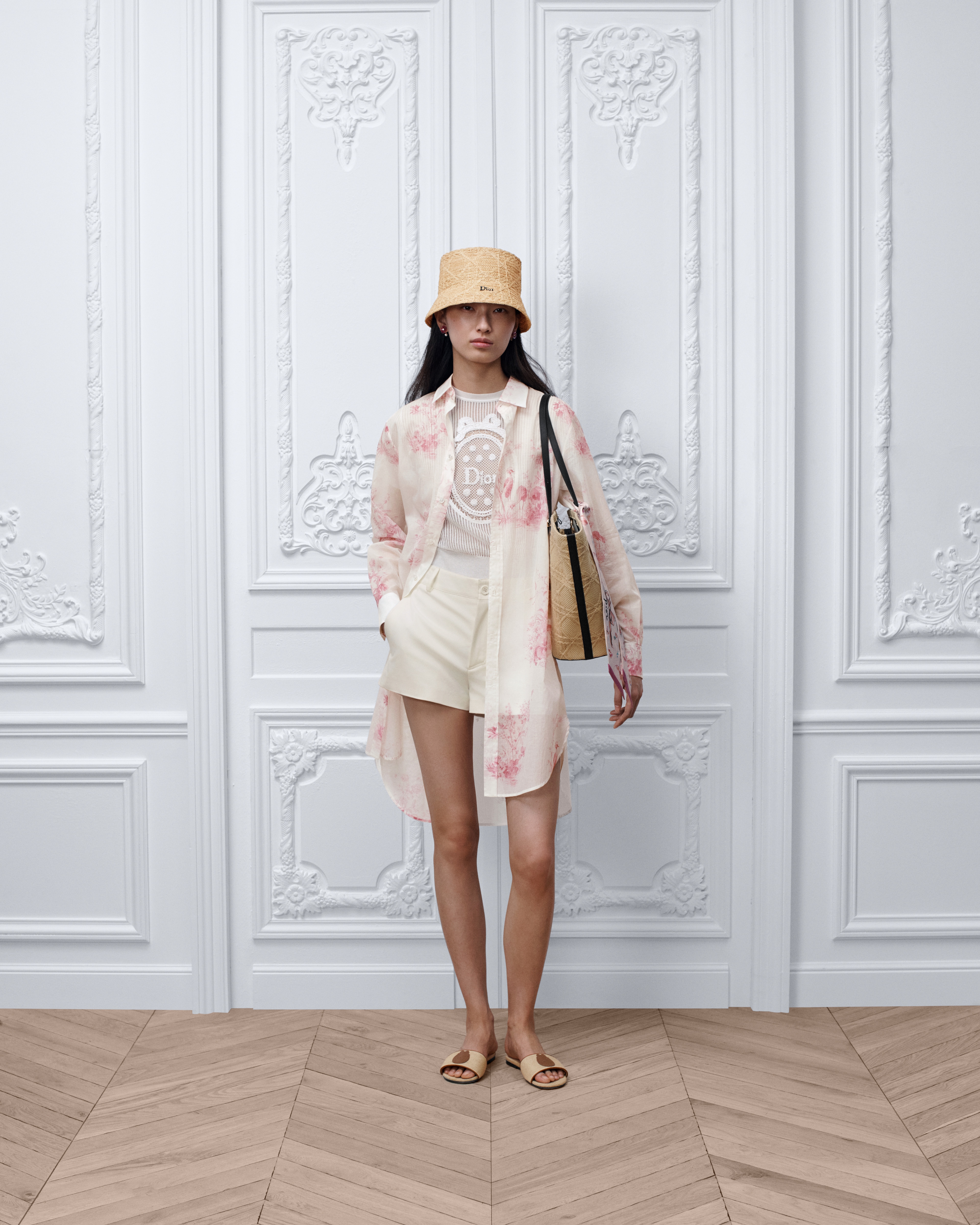 Lange Dioriviera Bluse Toile de Jouy Floral Garden Baumwollmusselin in Weiß und Rosa E01
