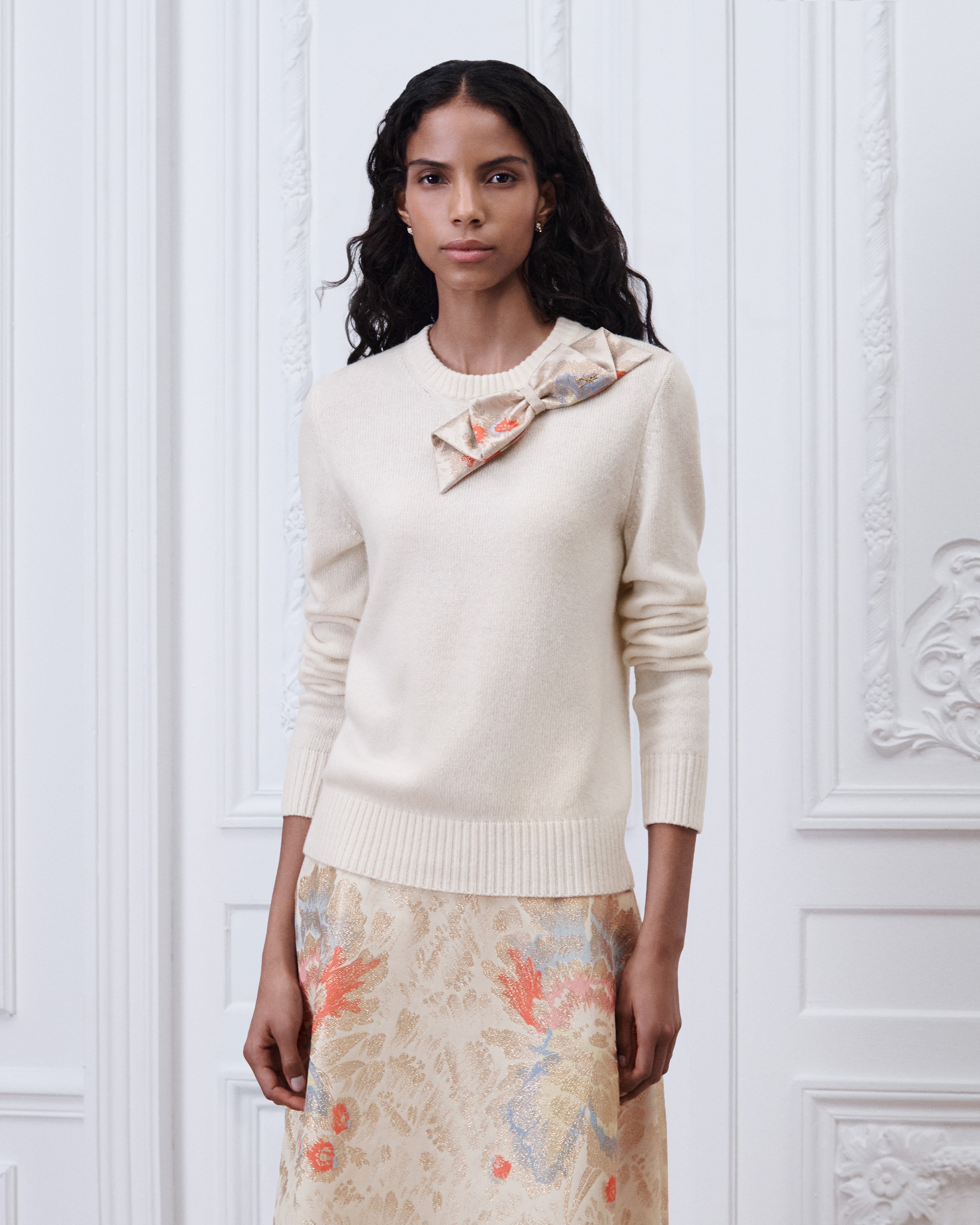 Sweater with Bow Ecru Wool and Cashmere Jersey Knit with Multicolor Dior Byzance Garden Metallic Jacquard E04