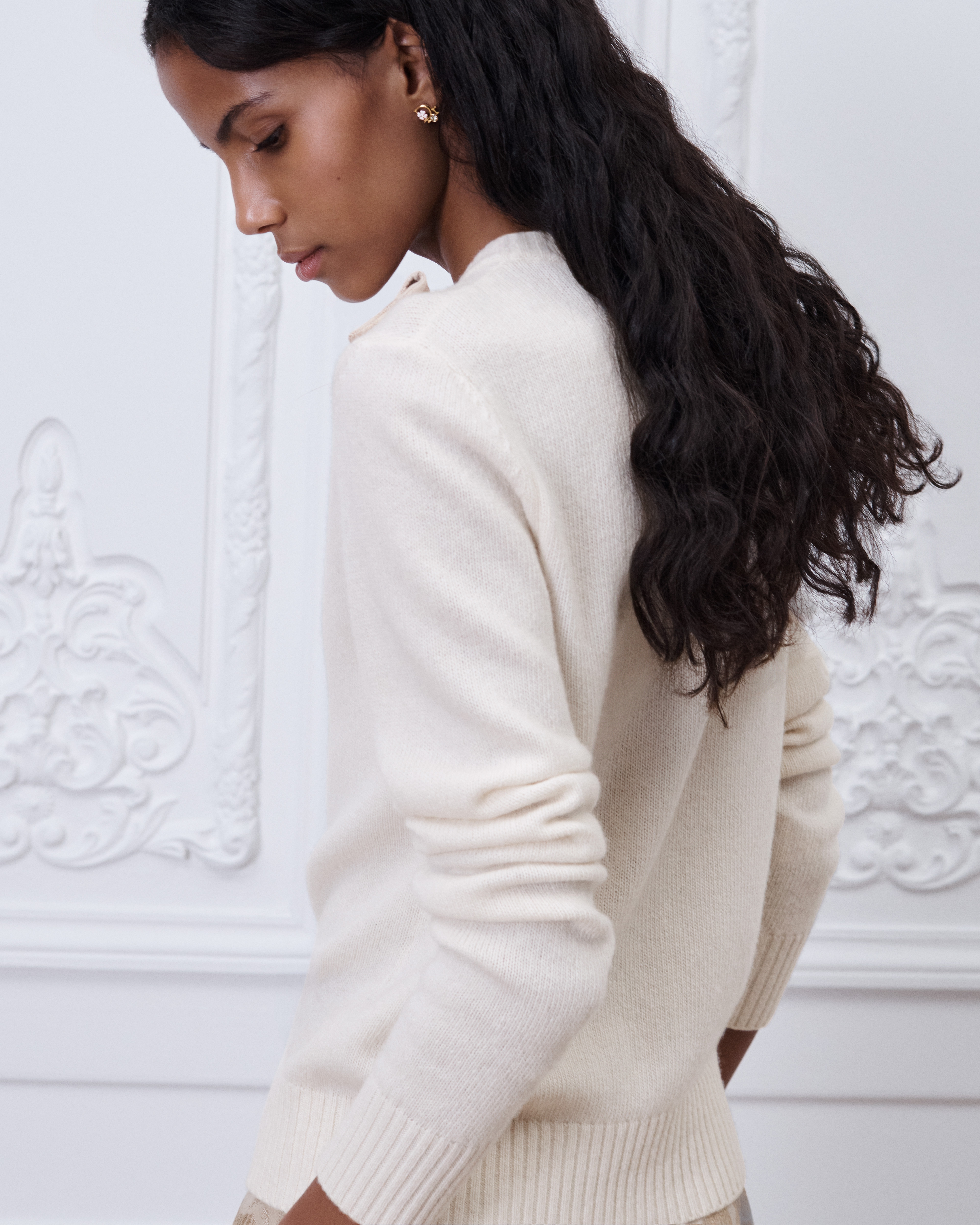 Sweater with Bow Ecru Wool and Cashmere Jersey Knit with Multicolor Dior Byzance Garden Metallic Jacquard E05