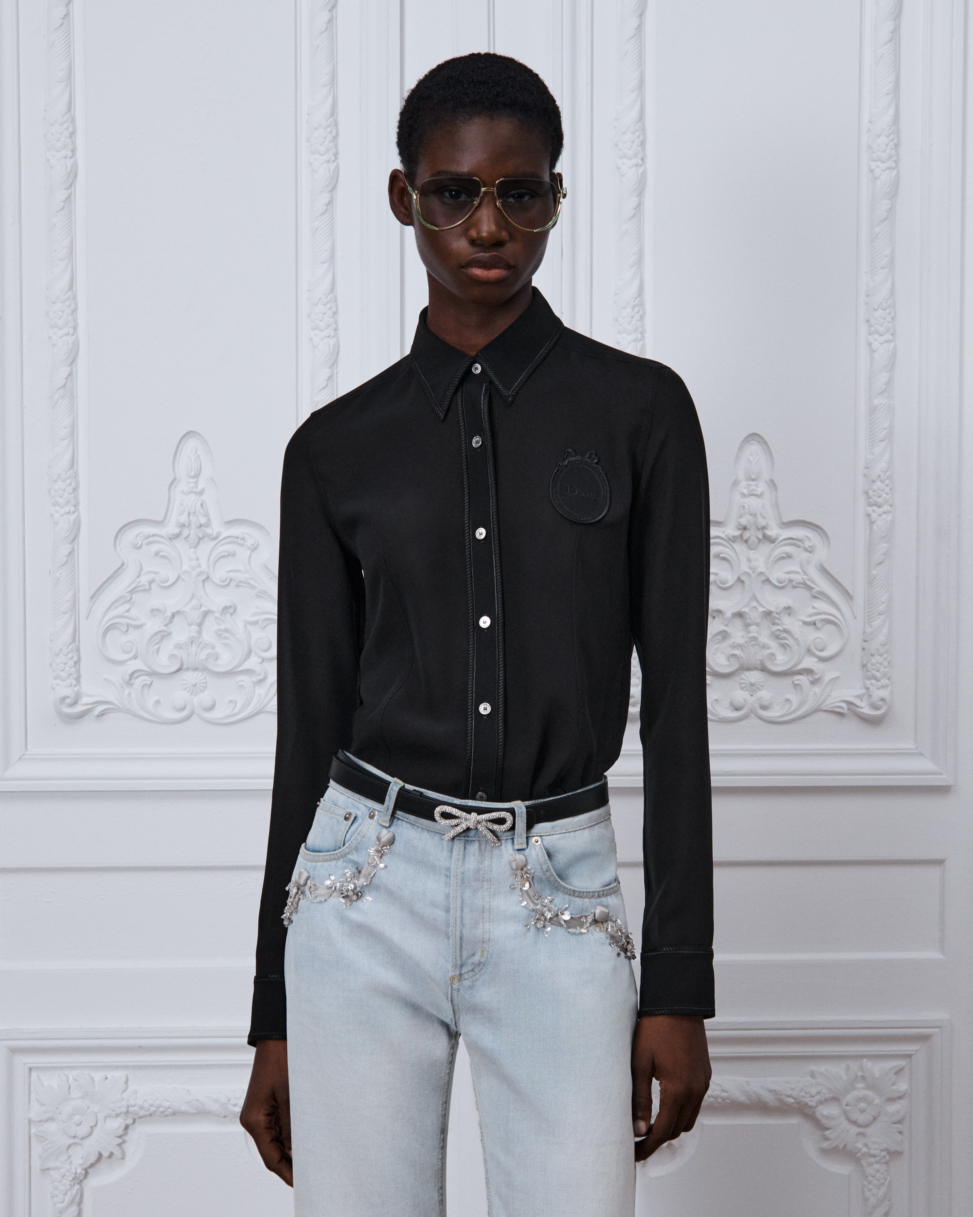 Blouse transparente brodée Dior Médaillon Georgette de soie noire E04