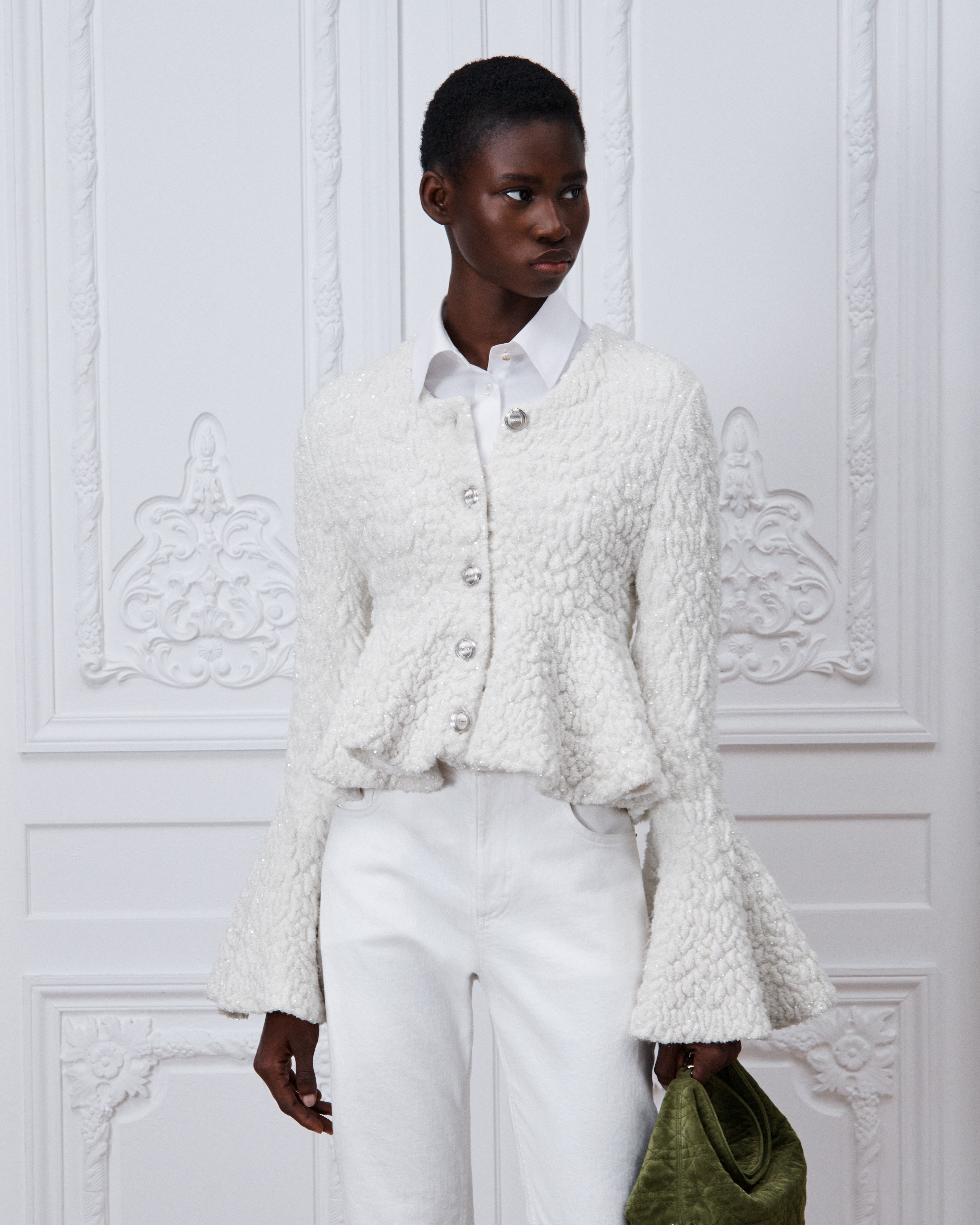 Peplum Jacket Ecru Virgin Wool-Blend Knit Embroidered with Silver-Tone Sequins E04