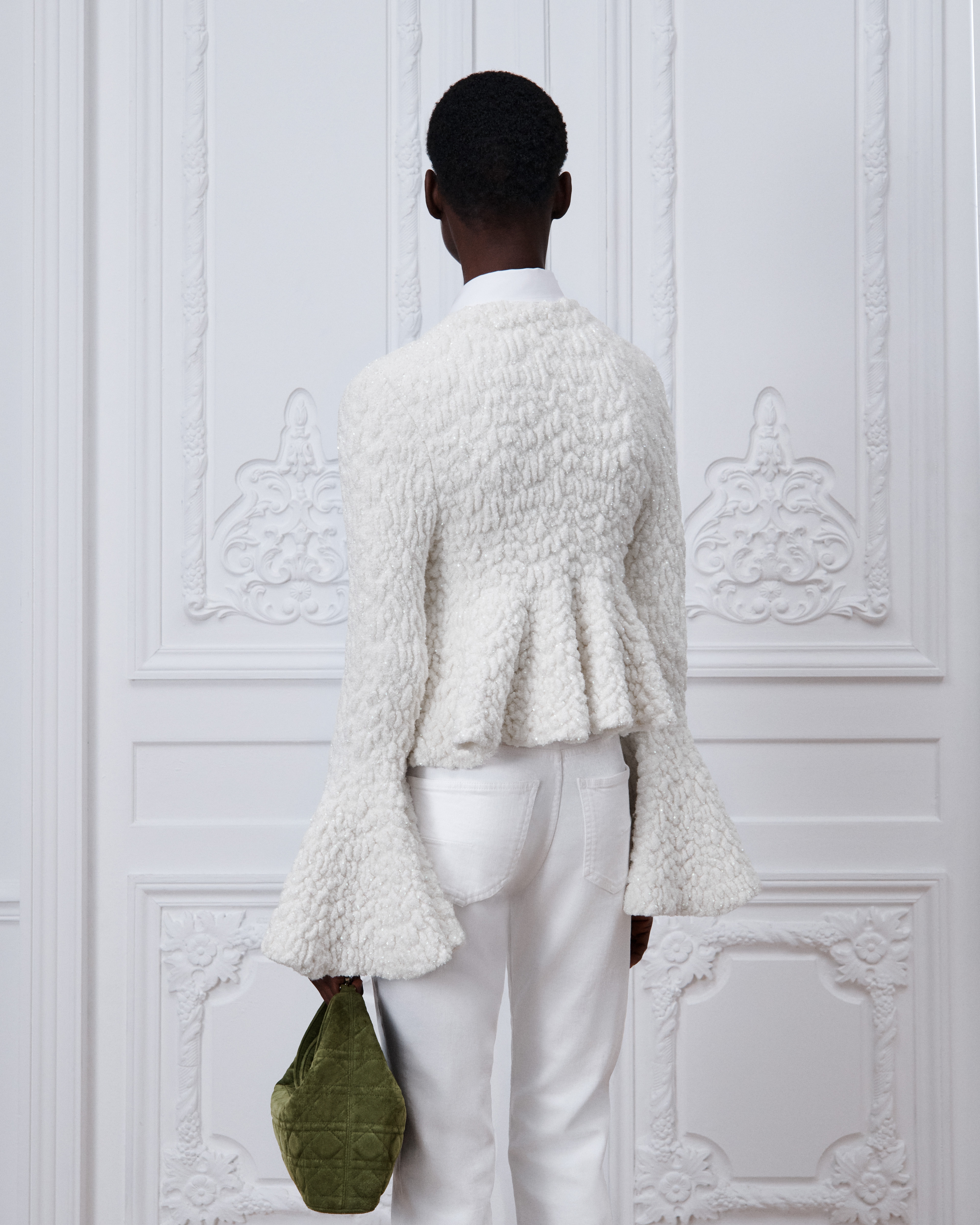 Peplum Jacket Ecru Virgin Wool-Blend Knit Embroidered with Silver-Tone Sequins E06