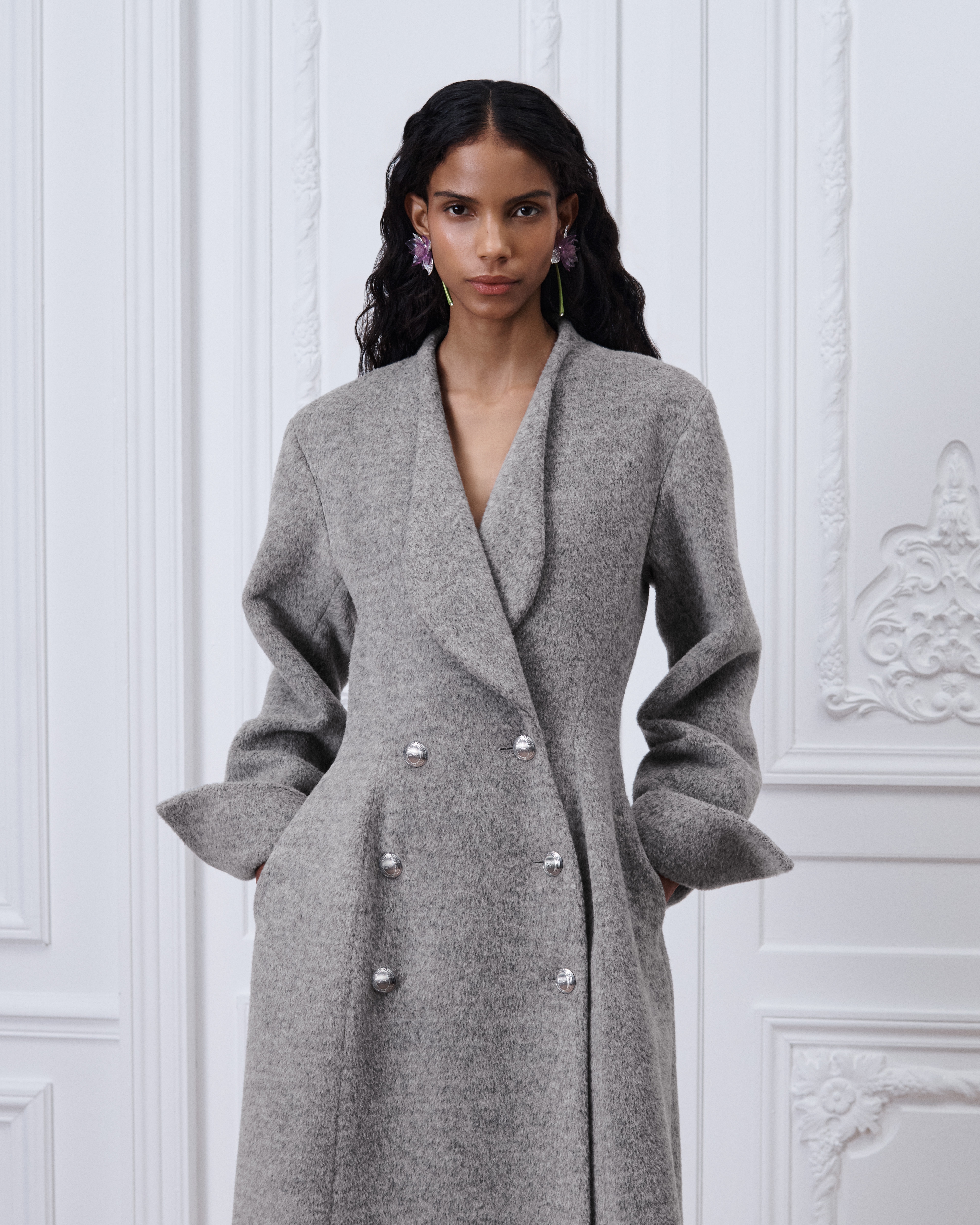 Manteau Laine vierge et laine de lama double face gris clair E04