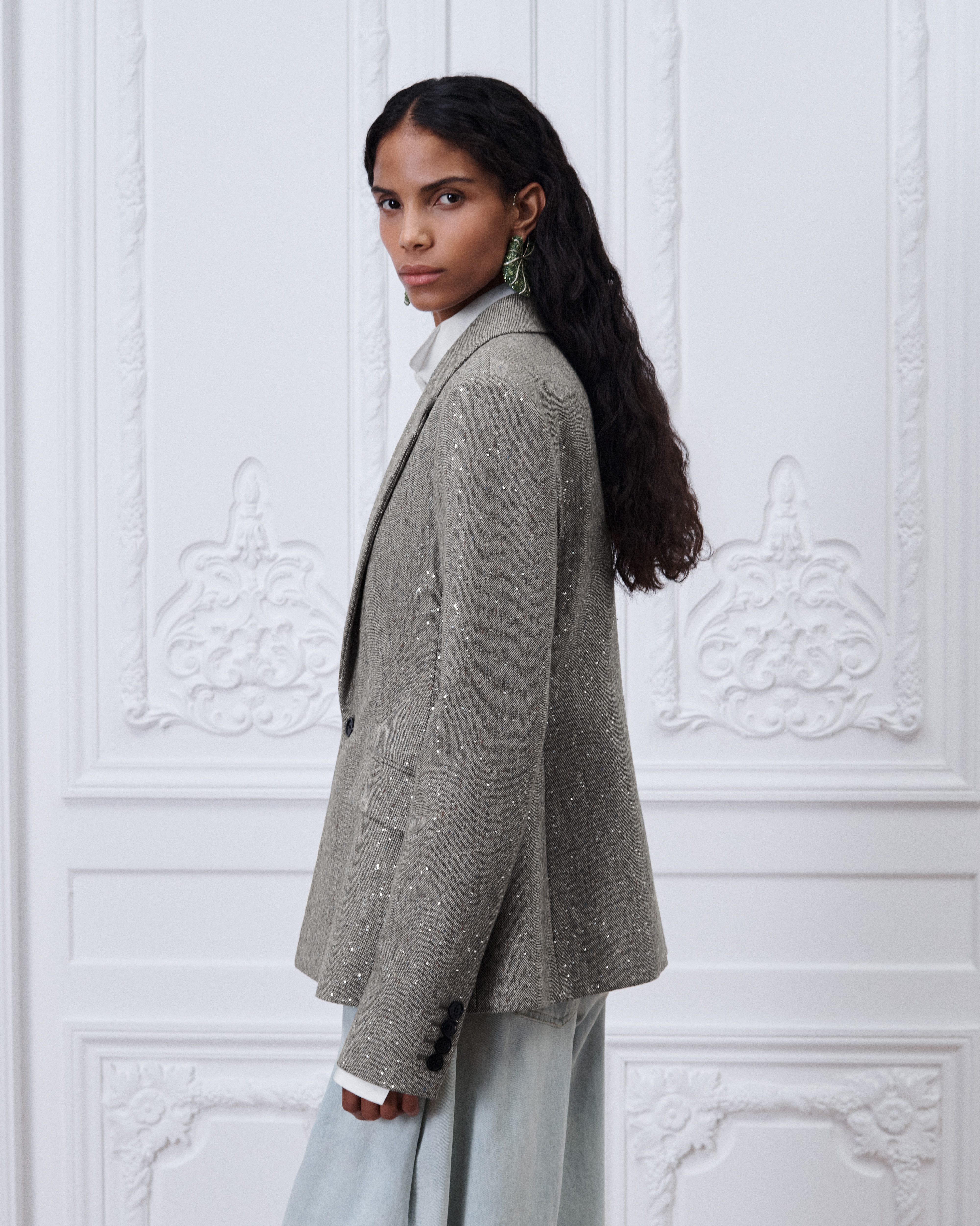 Bar Jacket Khaki Donegal Tweed Embroidered with Multicolor Sequins E05