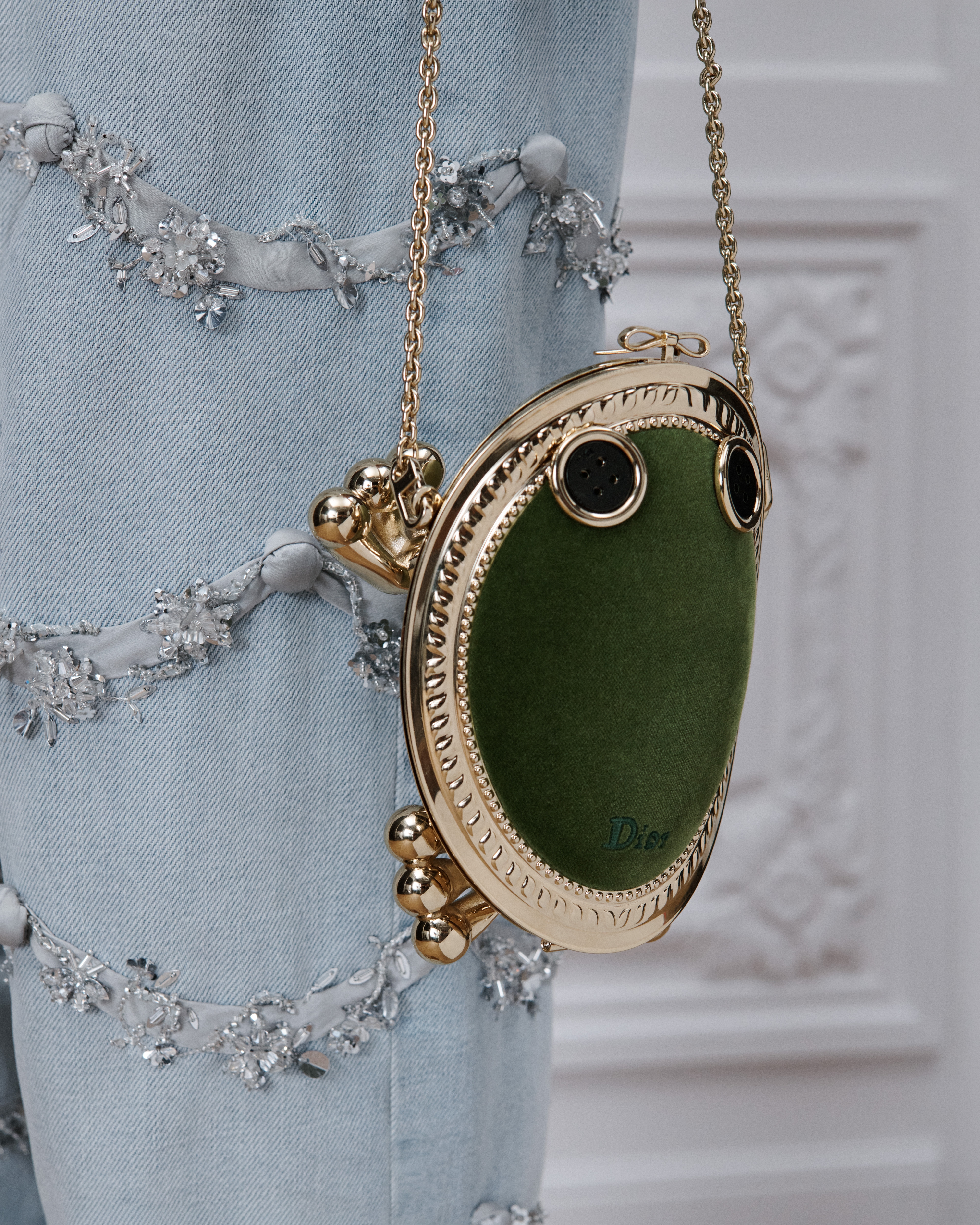 Frog Minaudière Bag Pale Gold-Finish Metal with Green Lambskin and Velvet E10