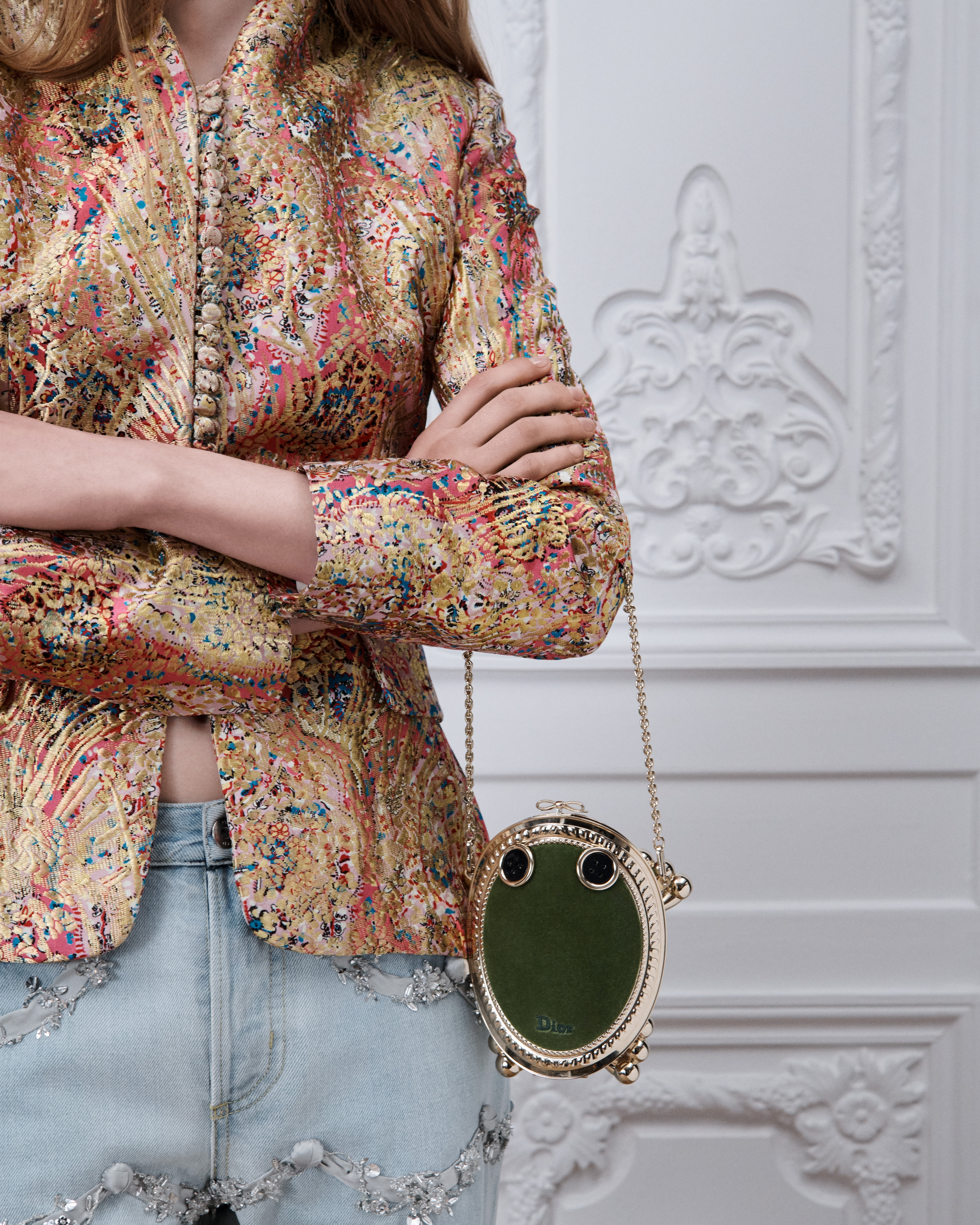 Frog Minaudière Bag Pale Gold-Finish Metal with Green Lambskin and Velvet E11