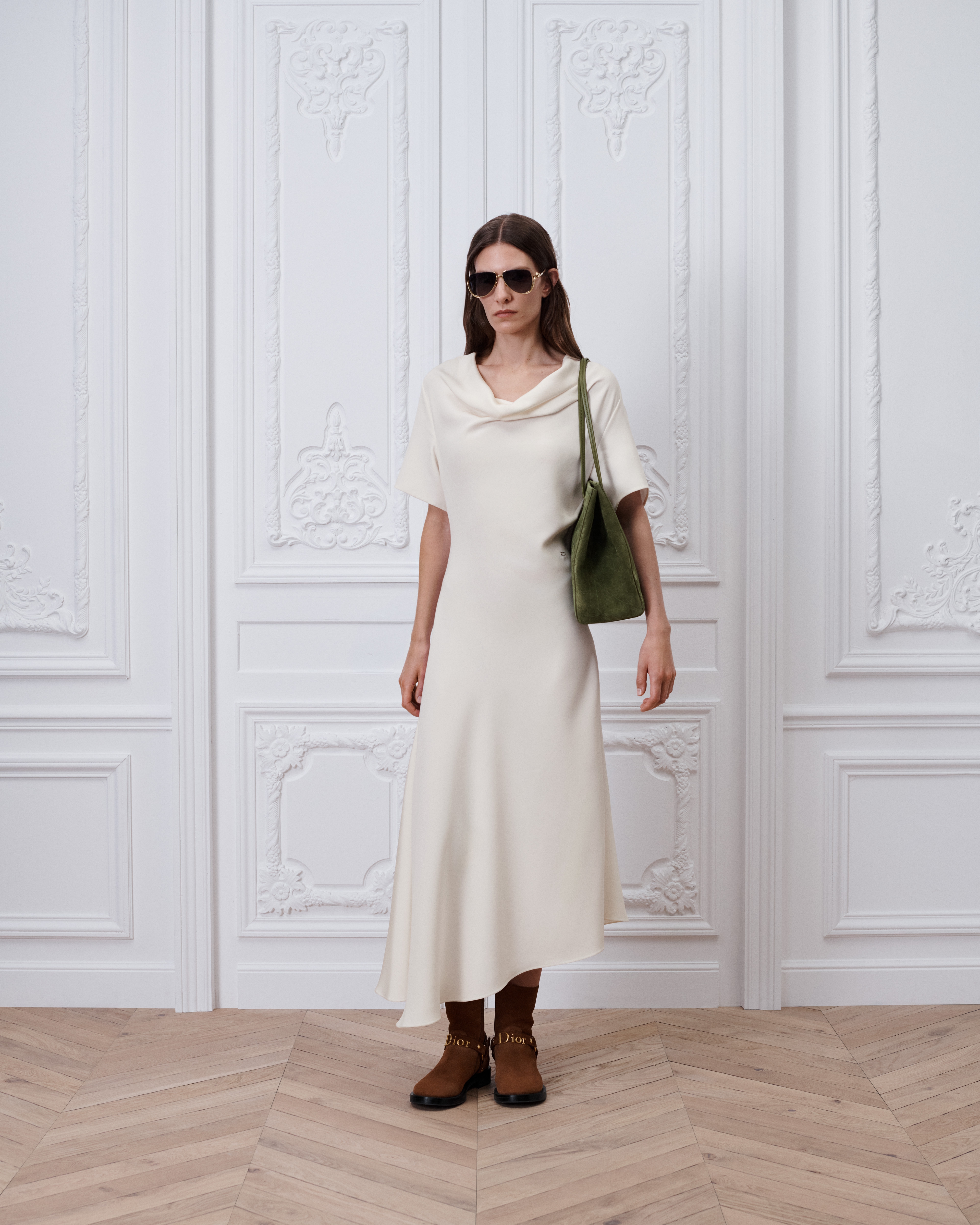 Mid-Length Asymmetrical Dress Ecru Silk E01
