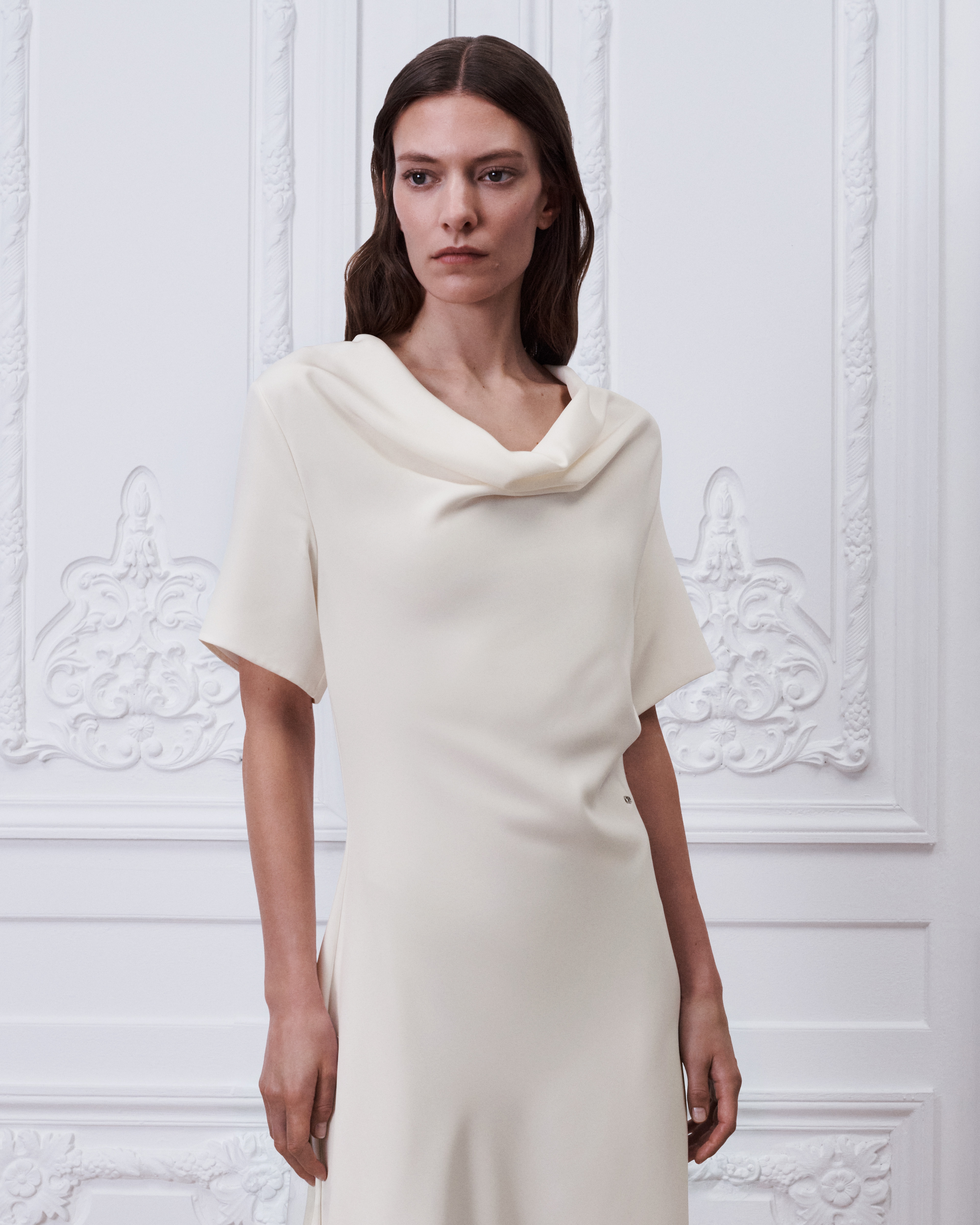 Mid-Length Asymmetrical Dress Ecru Silk E04