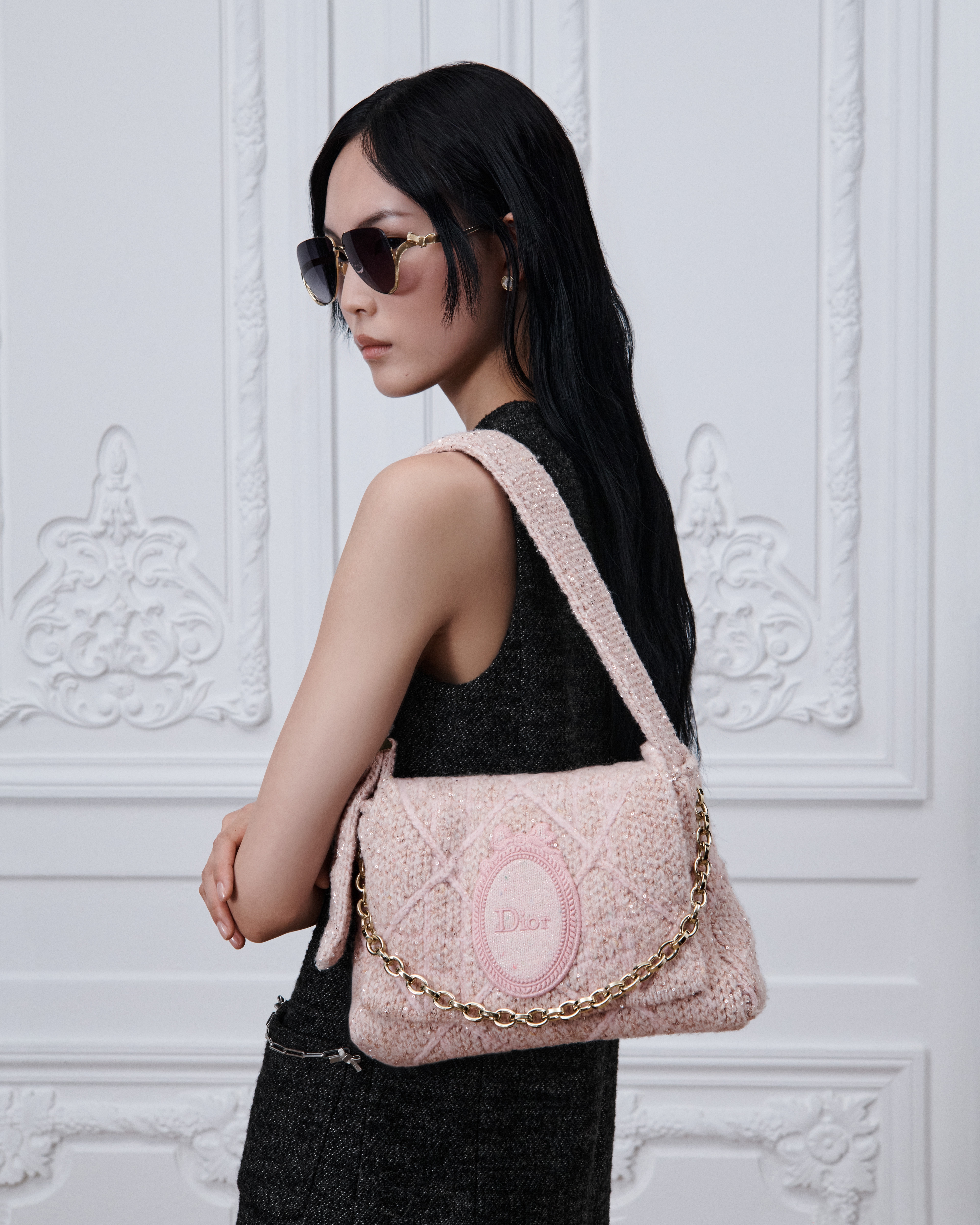Small Dior Médaillon Messenger Flap Bag Soupir Pink Sequin-Embroidered Macrocannage Wool Knit and Dior Médaillon E05