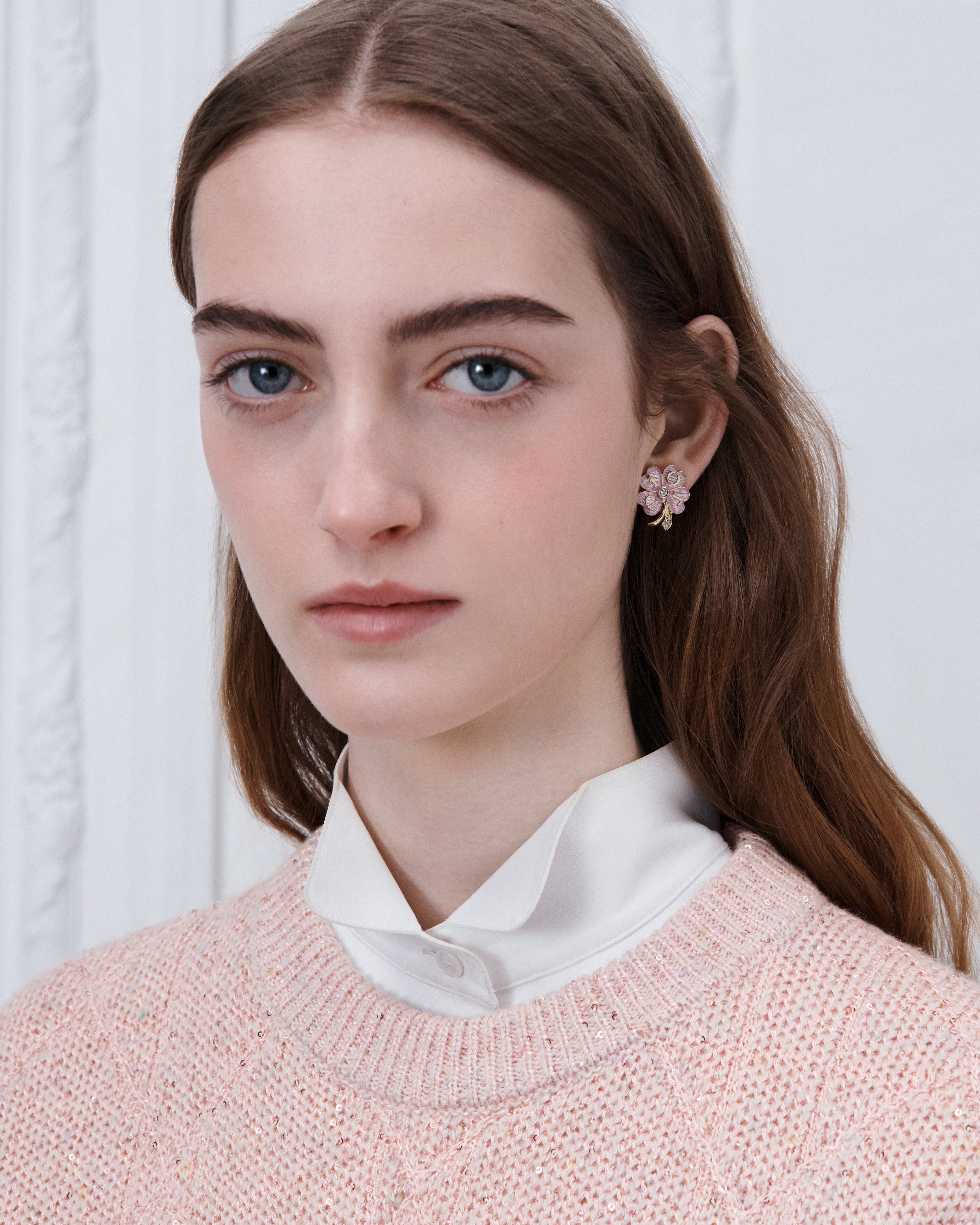 Dior Floral Clover Stud Earrings Pale Gold-Finish Metal, Crystals and Shiny Pink Lacquer E07