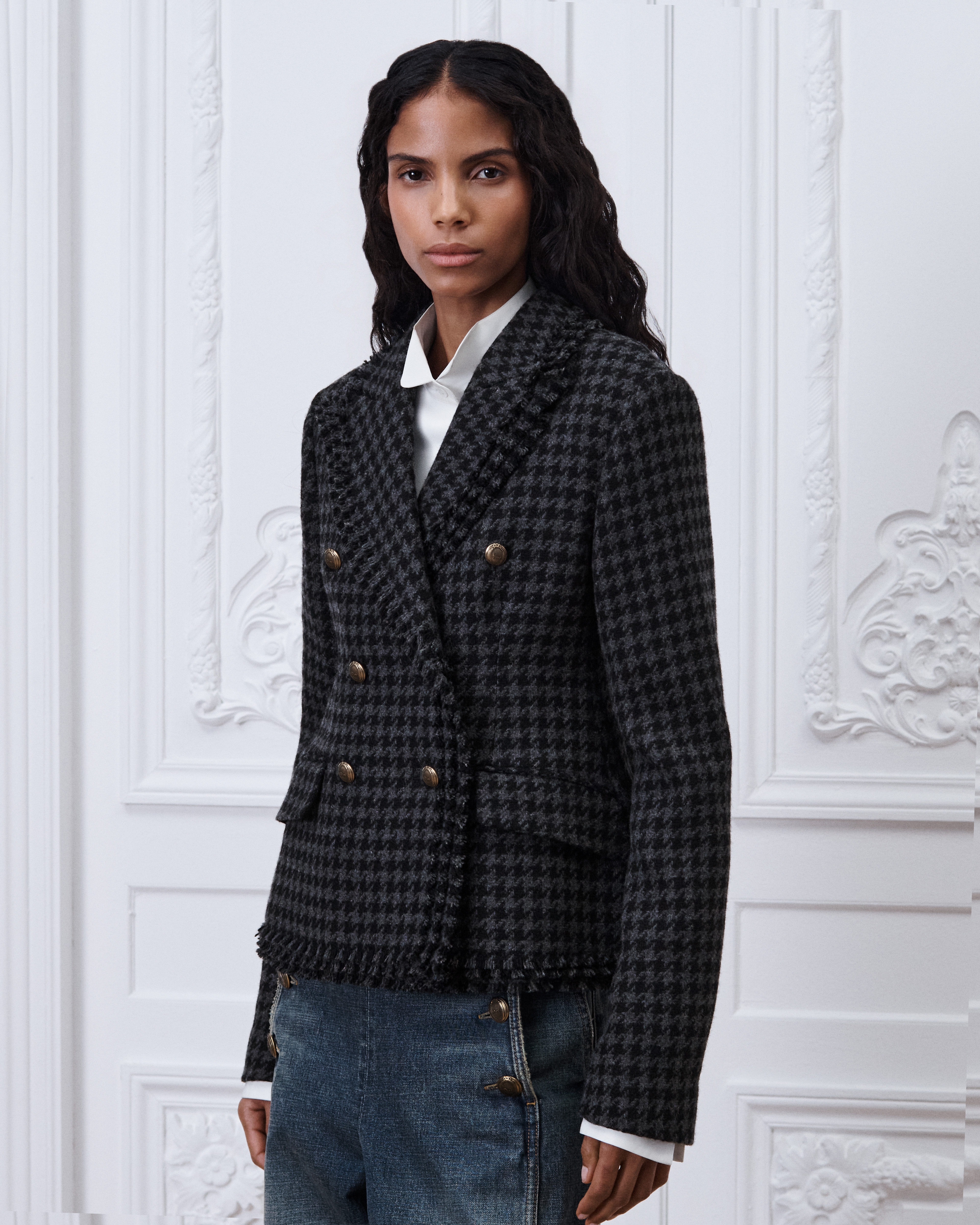 Bar Jacket Gray and Black Houndstooth Double-Faced Virgin Wool and Cashmere E04