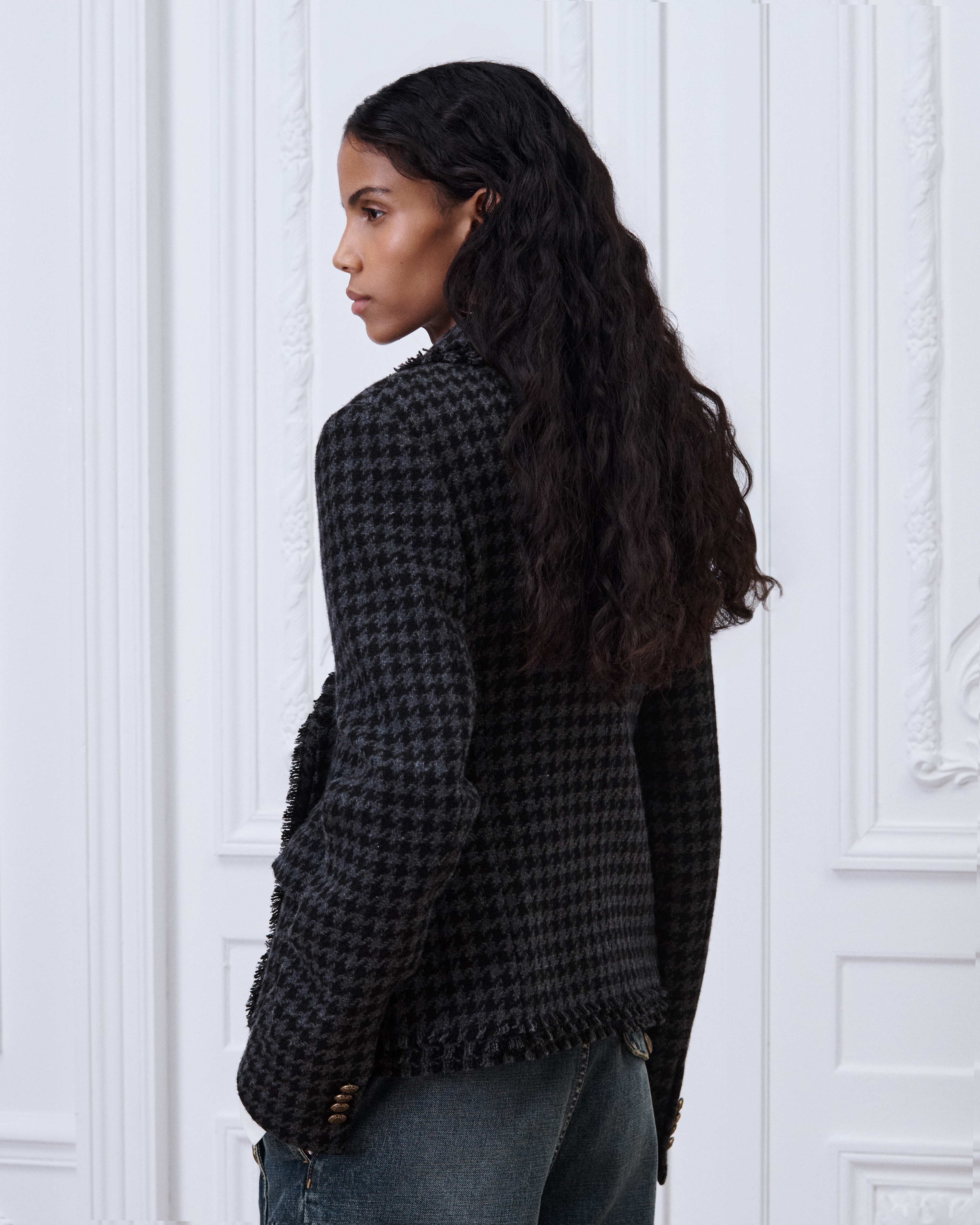 Bar Jacket Gray and Black Houndstooth Double-Faced Virgin Wool and Cashmere E06