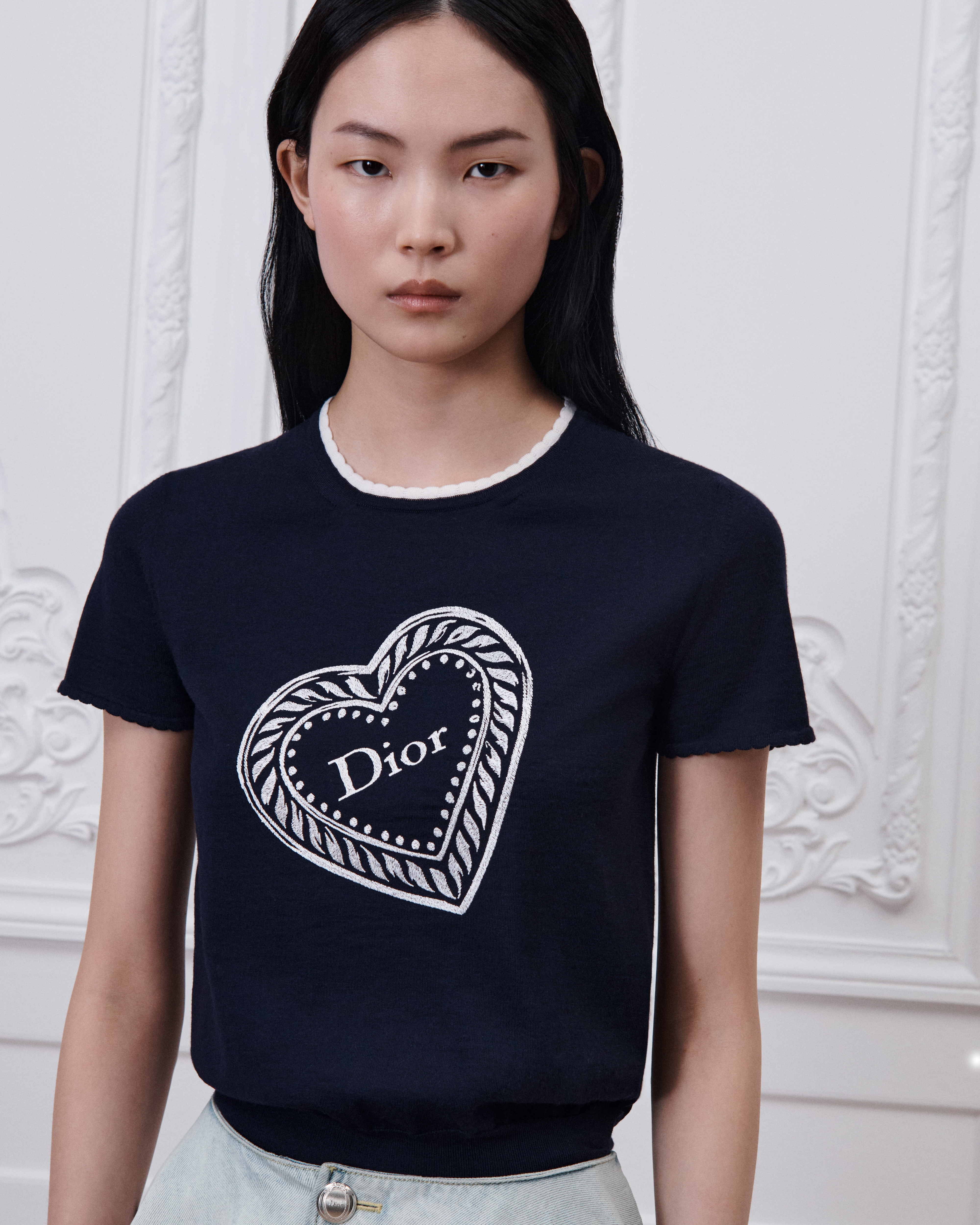 七夕 短袖毛衣 海軍藍精純羊毛針織布綴以白色 Dior Heart Locket 圖案 E04