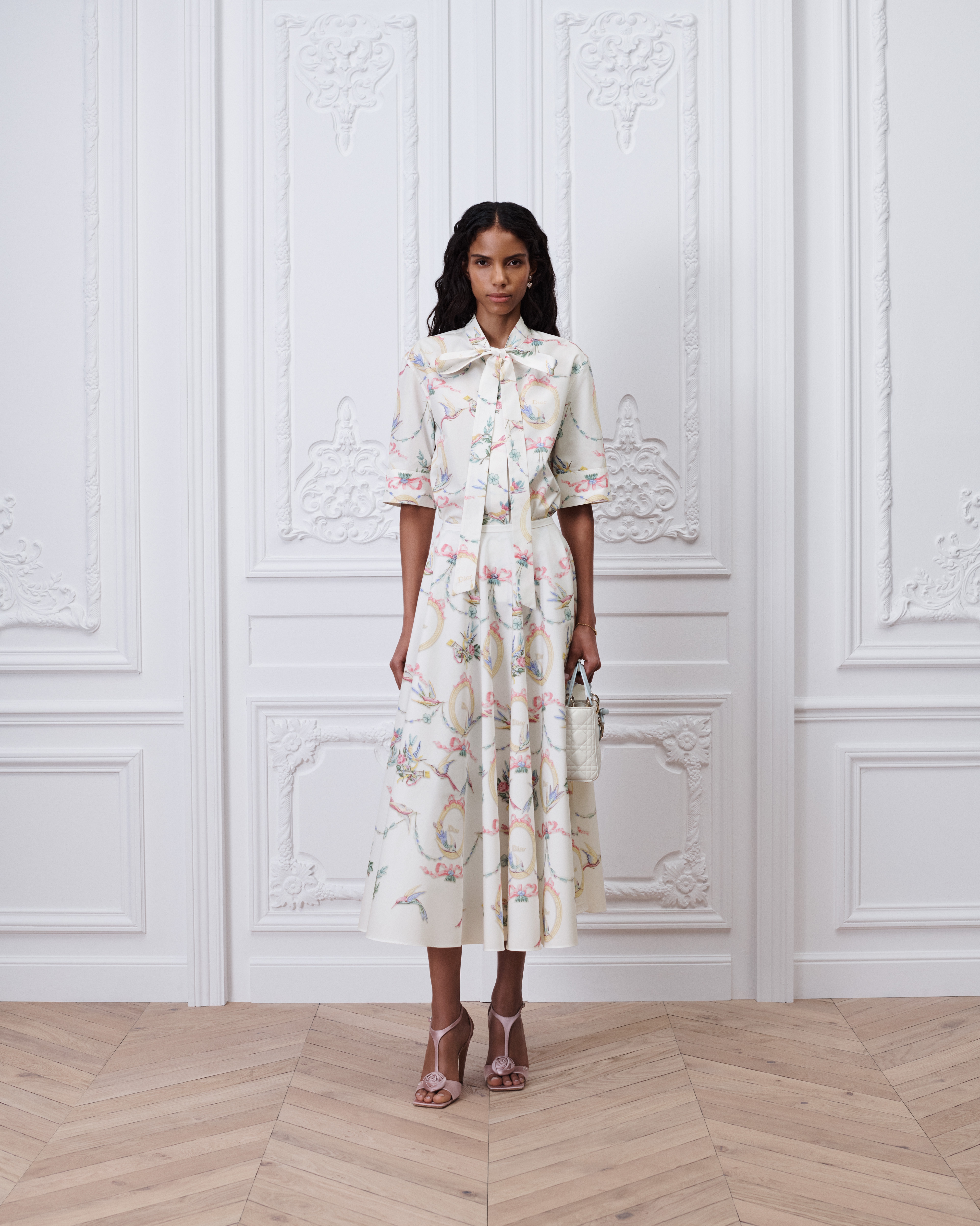 Qixi Mid-Length Flared Skirt White Cotton with Multicolor Dior